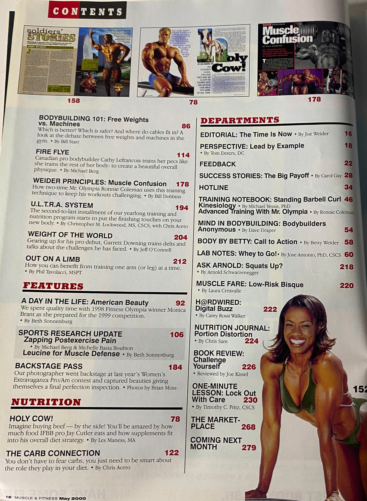 Muscle & Fitness Magazine May 2000 Contents Page featuring articles on bodybuilding, nutrition, and fitness routines, including a focus on military strength and training tips.