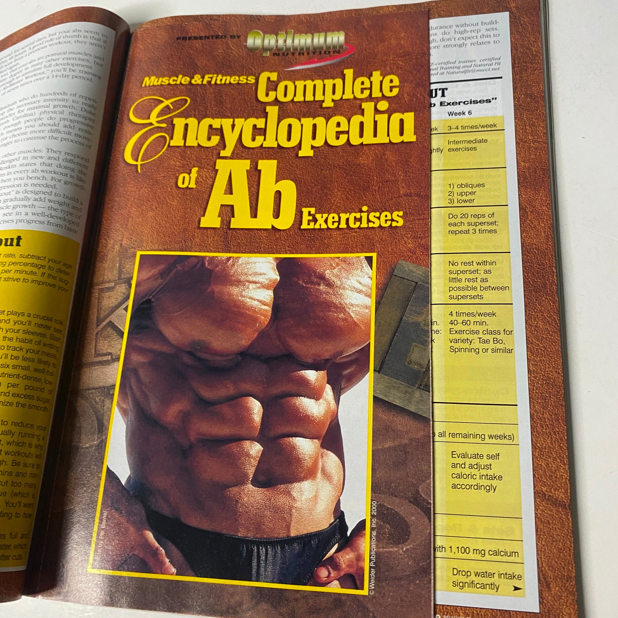 Muscle & Fitness Magazine May 2000 featuring the Complete Encyclopedia of Ab Exercises page, showcasing detailed abdominal training techniques and guidelines for effective workouts.