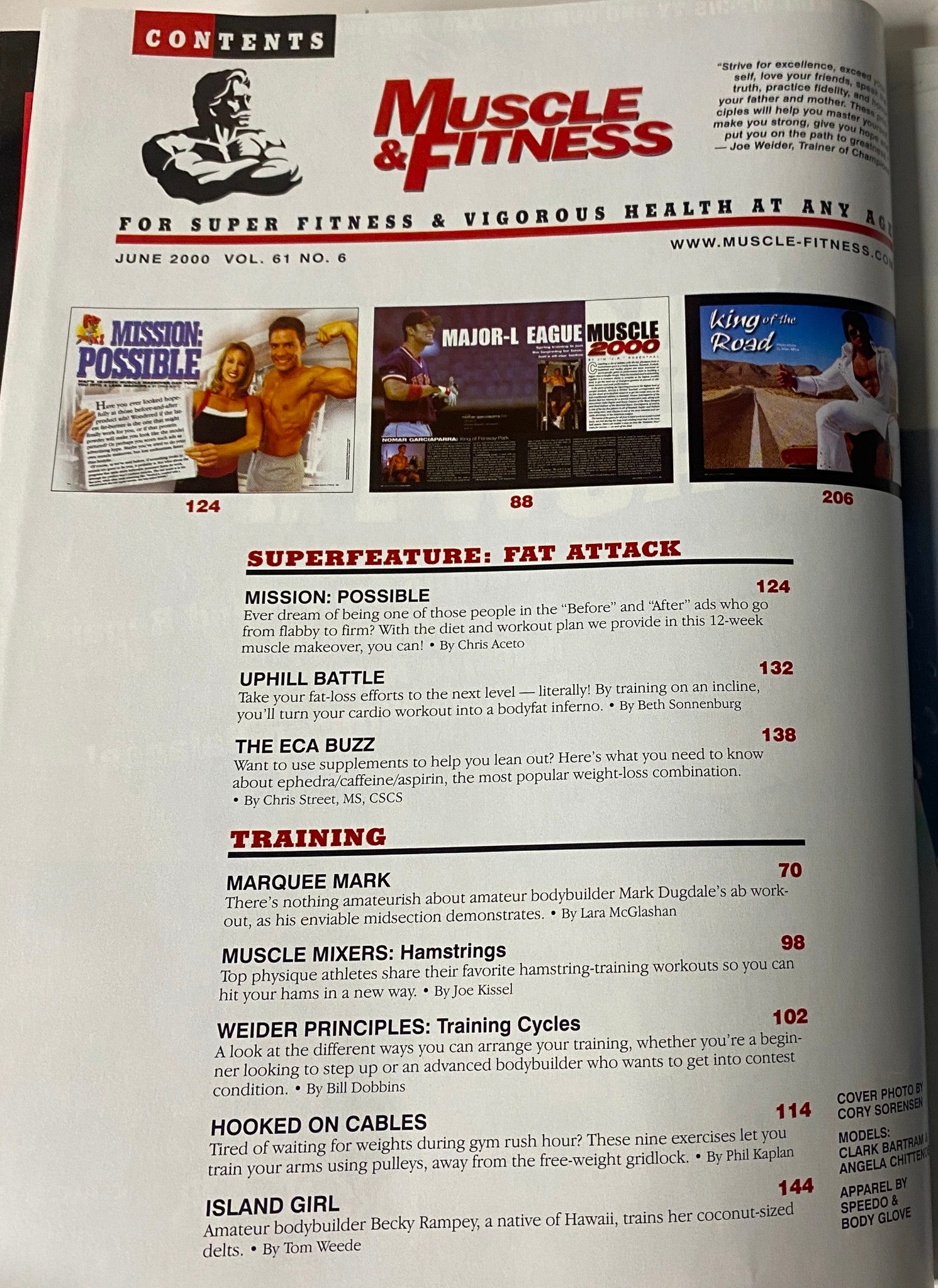 Interior page of Muscle & Fitness Magazine June 2000 displaying the contents section with features on training programs and diet strategies.