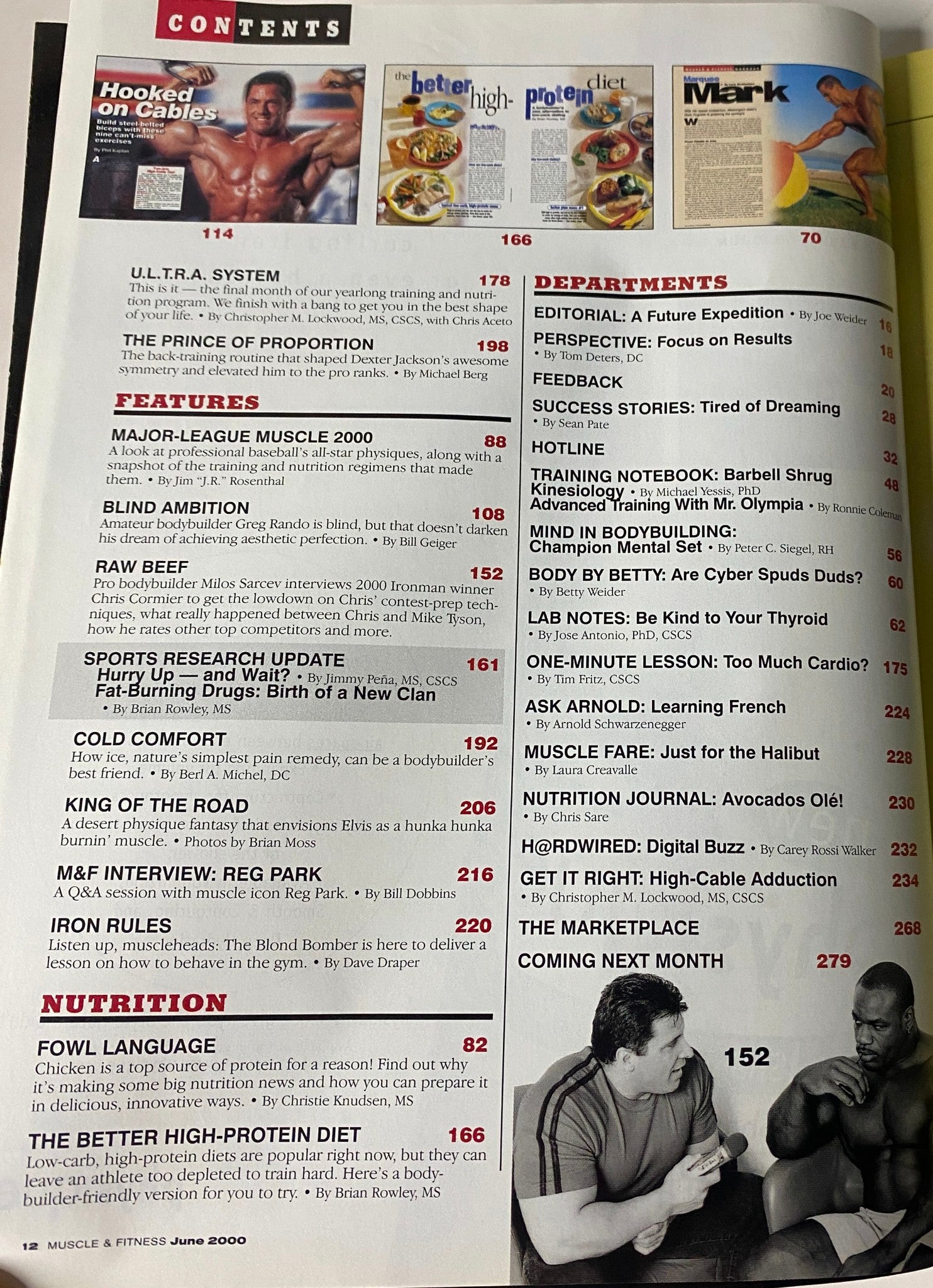 Contents page from Muscle & Fitness Magazine June 2000 featuring topics on bodybuilding and fitness insights, including special features and training routines.