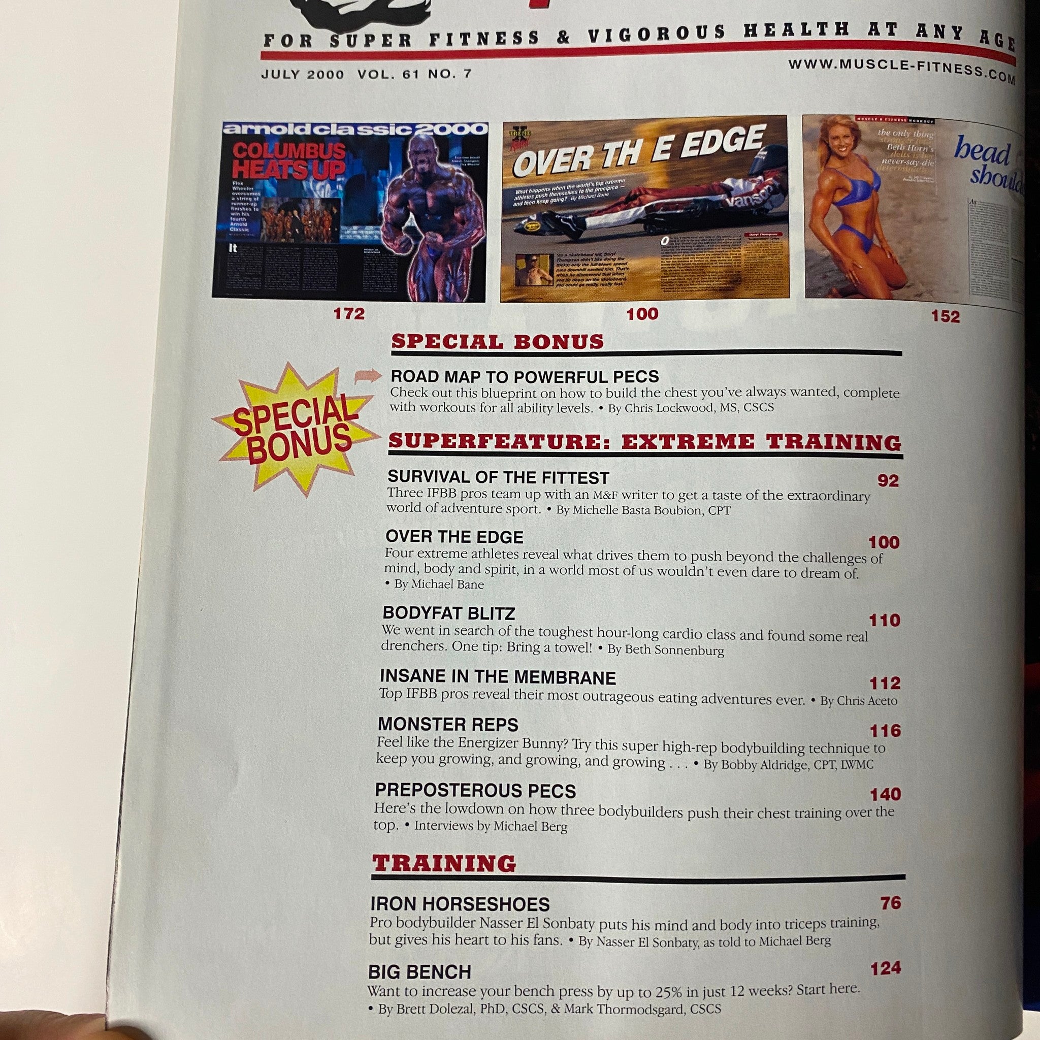 Inside page of Muscle & Fitness Magazine July 2000 highlighting special bonus features like Road Map to Powerful Pecs and Extreme Training superfeature.