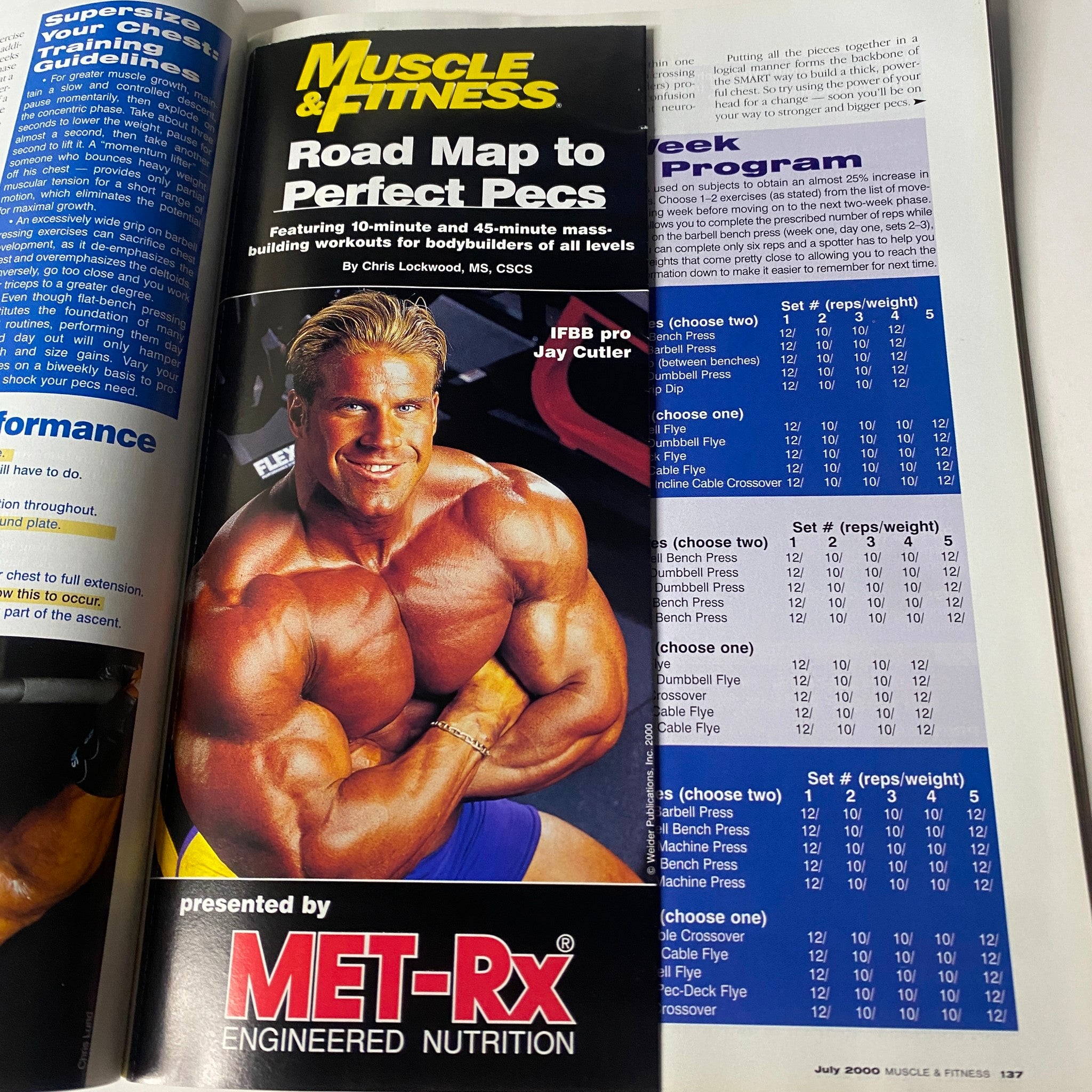 Road Map to Perfect Pecs section in Muscle & Fitness Magazine July 2000 showcasing muscle-building workouts for bodybuilders of all levels.