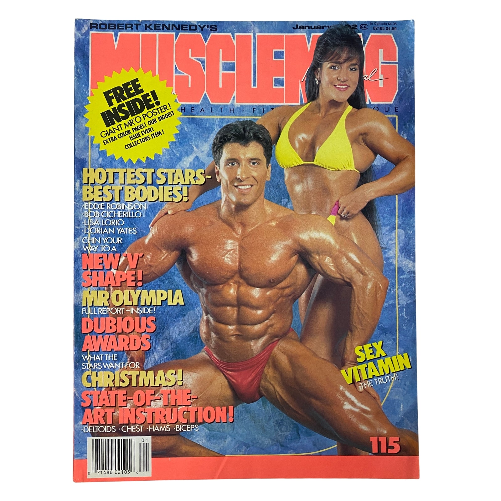MuscleMag International Magazine January 1992 featuring Milos Sarcev and Lisa Lorio on the cover, showcasing bodybuilding highlights and health articles.