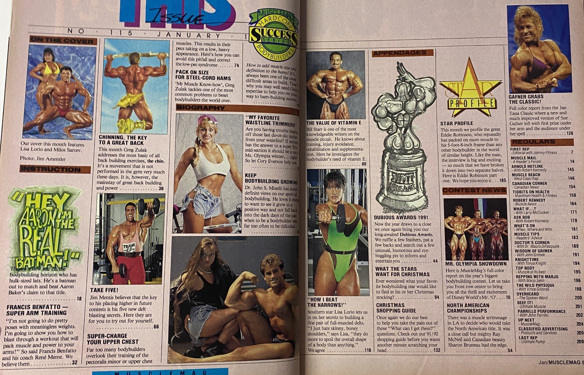 Interior page of MuscleMag International Magazine January 1992 featuring contest coverage, biographies, and editorial content on bodybuilding.