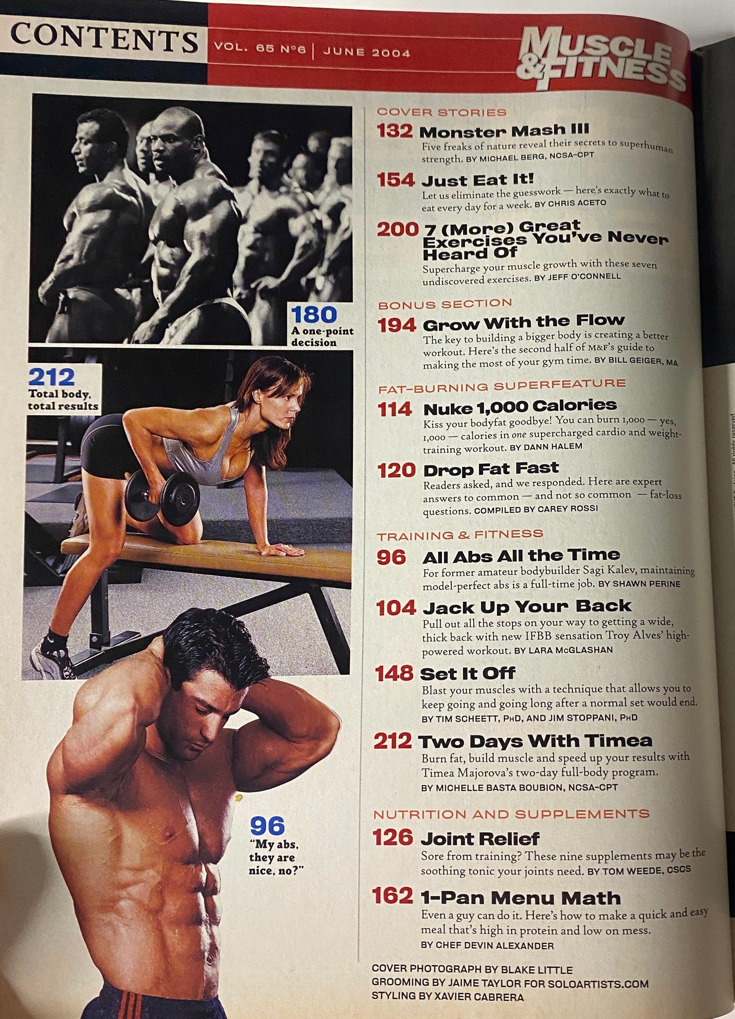 Contents page of Muscle & Fitness Magazine June 2004 Vol 65 No. 6 featuring articles on workouts, nutrition, and bodybuilding contests, including titles like 'Monster Mash III' and 'Just Eat It!'