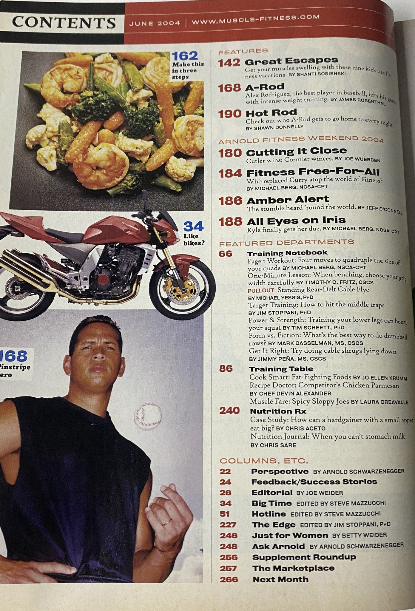 Contents page of Muscle & Fitness Magazine June 2004 featuring a food dish, a motorcycle, and various fitness features with Sean Cassidy on the cover.