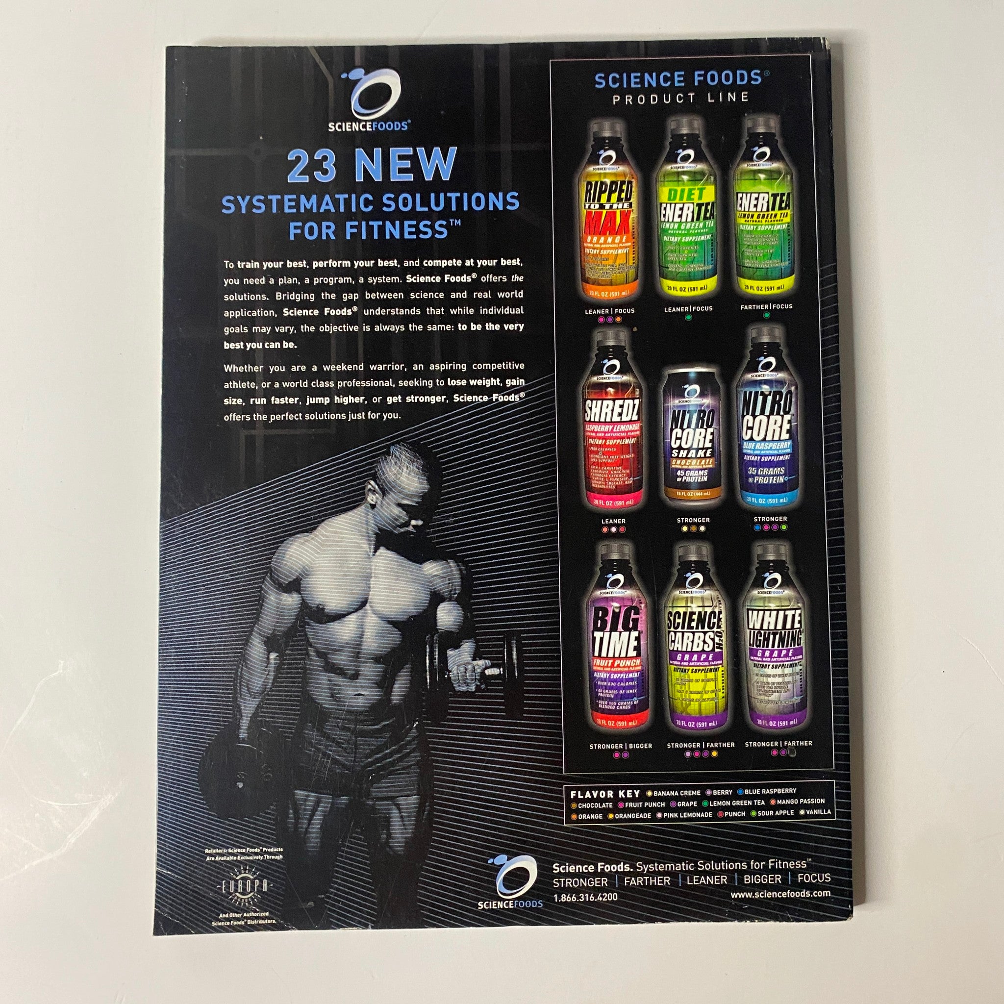 Back cover of Muscle & Fitness Magazine June 2004 showcasing Science Foods' fitness products with a gym illustration.
