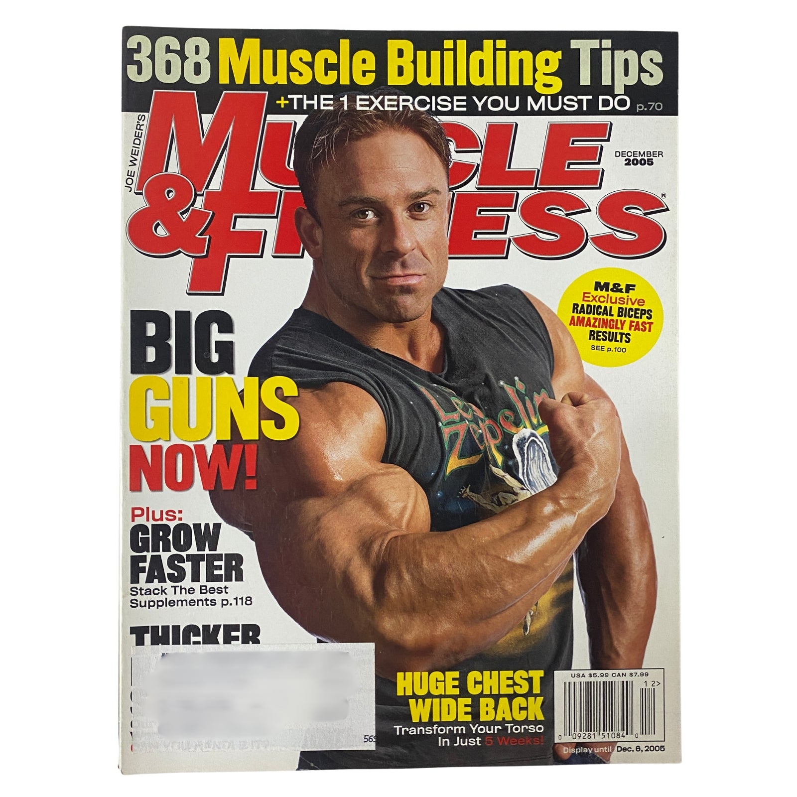 Muscle & Fitness Magazine December 2005 Vol 66 No. 12 featuring a muscular man, Aaron Maddron, on the cover with the headline 'BIG GUNS NOW!' and tips for building muscle. This issue focuses on strength training, bodybuilding tips, and supplements.