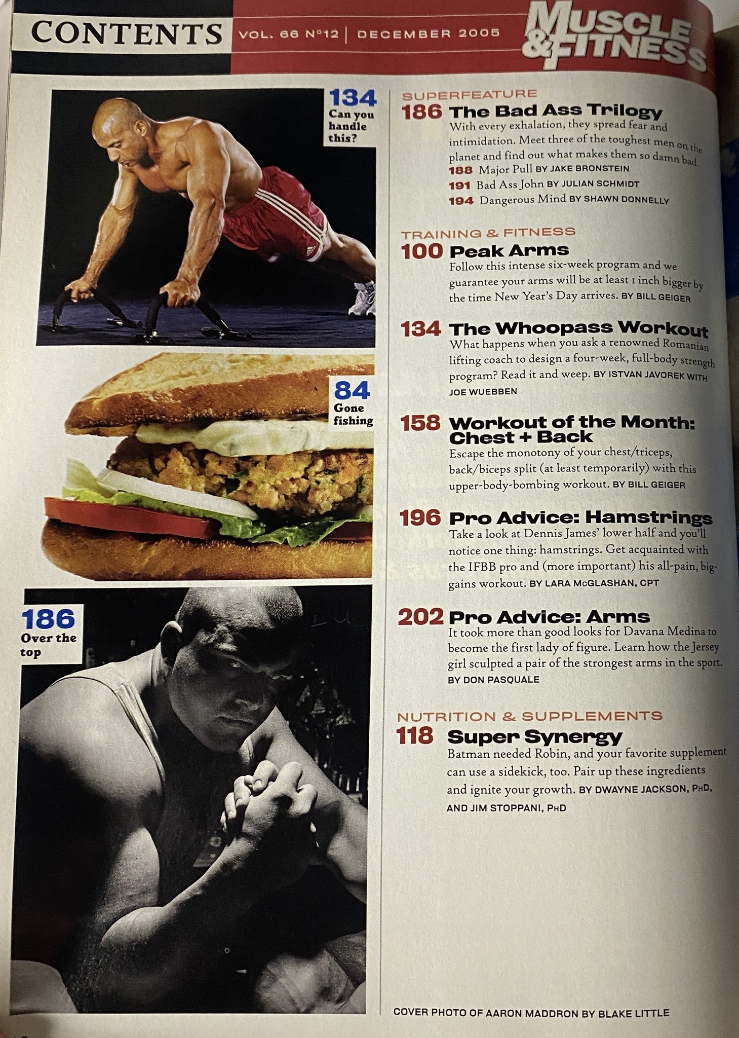 Contents page of Muscle & Fitness Magazine December 2005 Vol 66 No. 12 showcasing articles including 'Superfeature – The Bad Ass Trilogy', training routines, and nutrition advice, with an emphasis on fitness and bodybuilding culture.