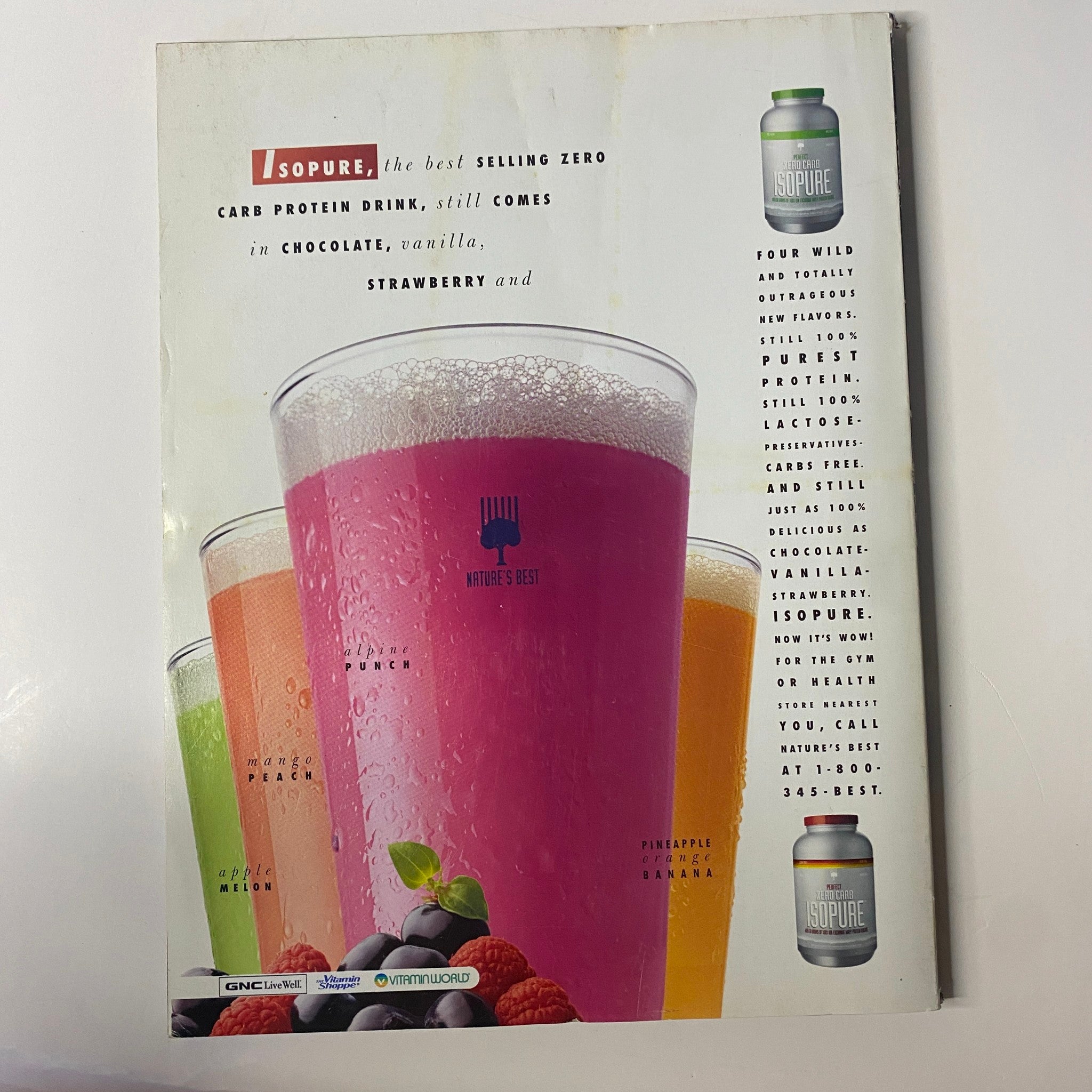 Muscle & Fitness Magazine December 2005 Vol 66 No. 12 cover featuring a colorful advertisement for ISOPURE protein drink in chocolate, vanilla, and strawberry flavors, showcasing vibrant drinks and highlighting health benefits.