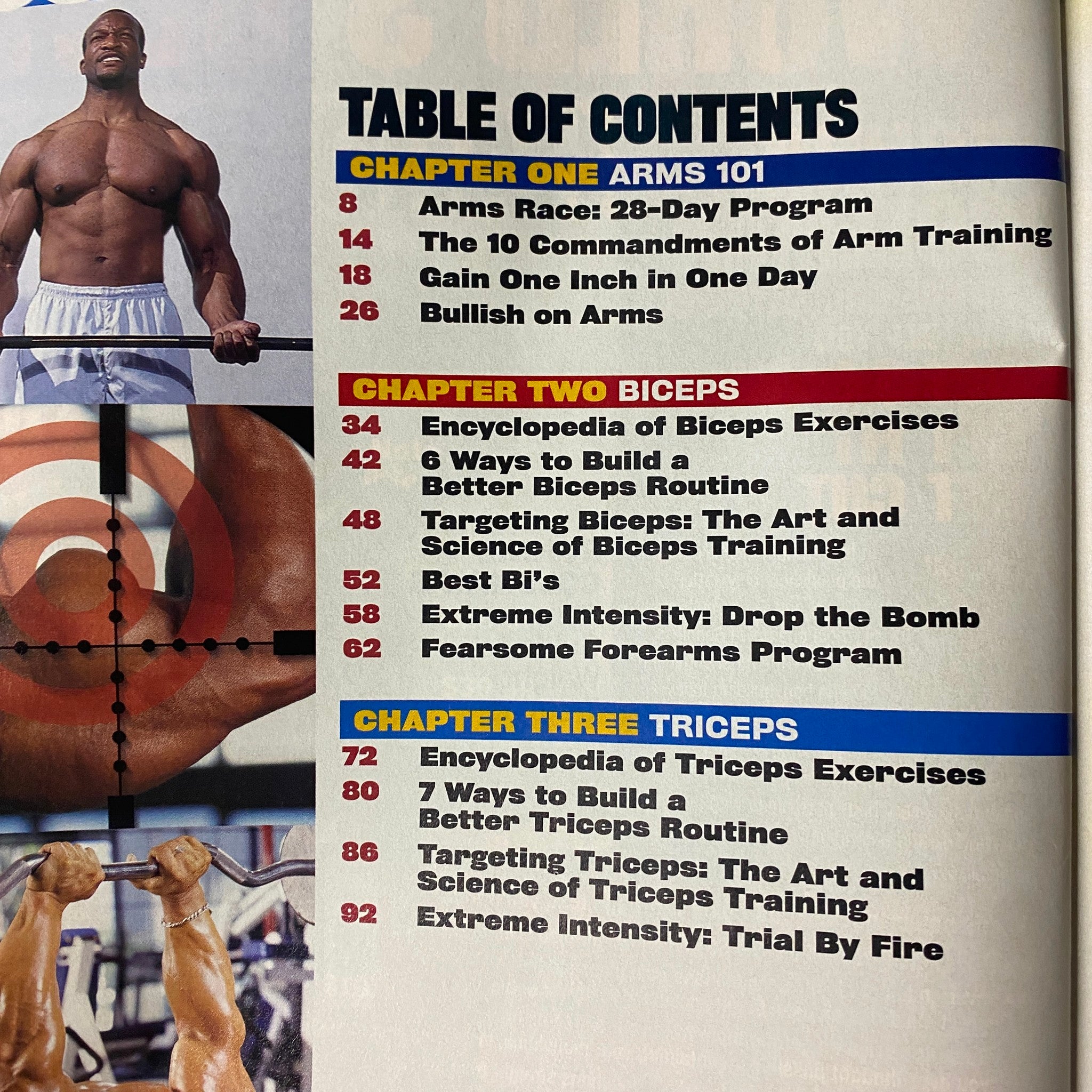 Table of Contents from Muscle & Fitness Magazine 2005 Complete Book of Arms Exercises, detailing chapters on arms, biceps, and triceps training techniques.