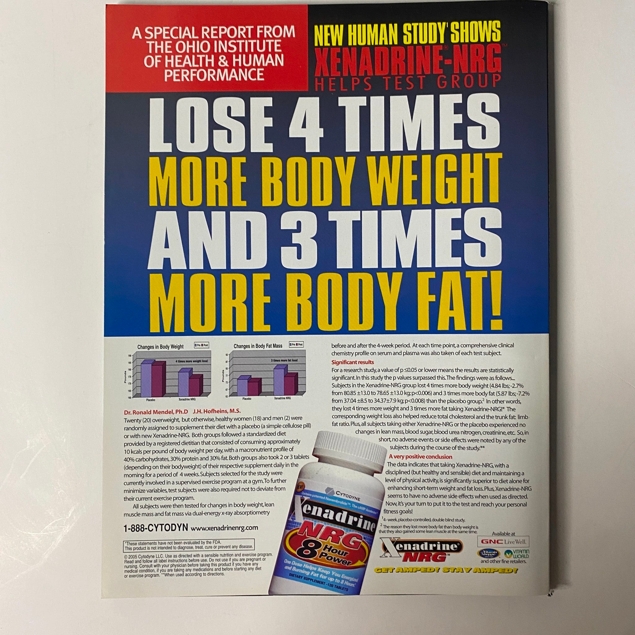 Back cover advertisement of Muscle & Fitness Magazine 2005 Complete Book of Arms Exercises featuring Xenadrine-NRG, promoting weight loss and fat reduction.