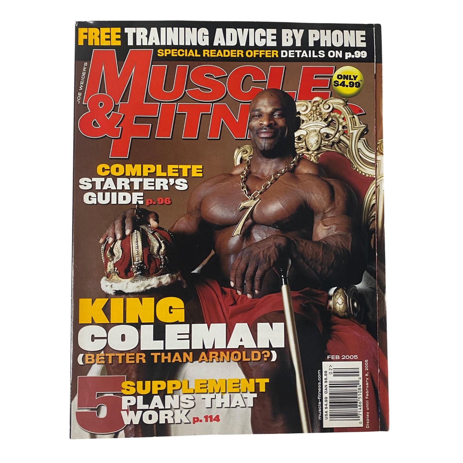 Muscle & Fitness Magazine cover from February 2005, featuring Ronnie Coleman. The issue highlights a complete starter's guide, bodybuilding tips, and insights on supplements, reflecting mid-2000s fitness culture.