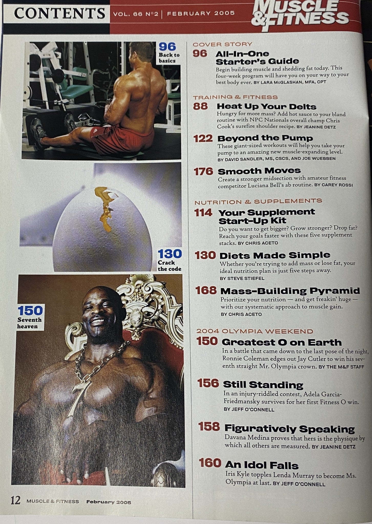 Contents page of Muscle & Fitness Magazine February 2005 Vol 66 No. 2 featuring cover story 'All-In-One Starter’s Guide', training programs, and nutrition tips.