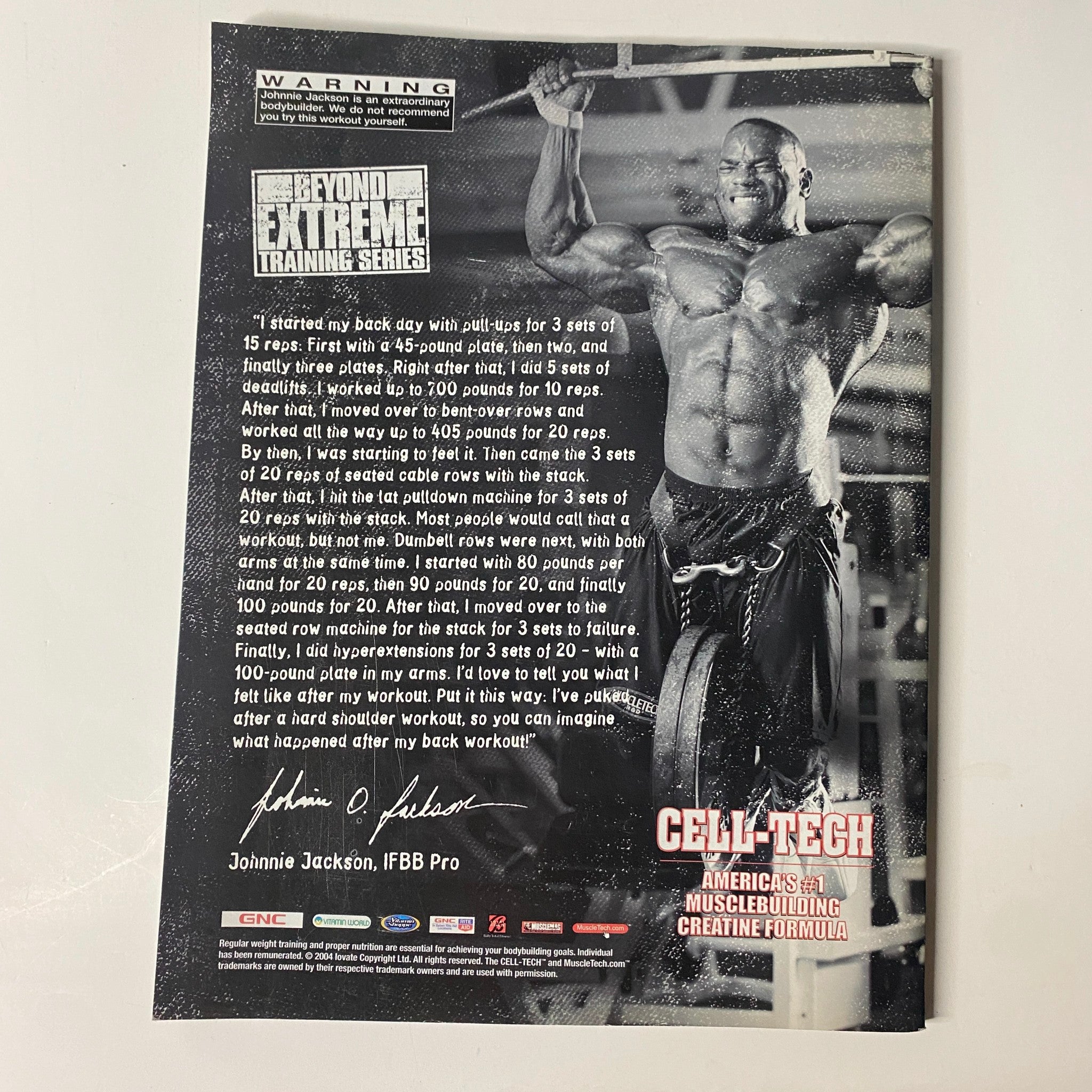 Advertisement page from Muscle & Fitness Magazine February 2005 Vol 66 No. 2 showcasing Celli-Tech and featuring bodybuilder Johnnie Jackson discussing extreme training series.
