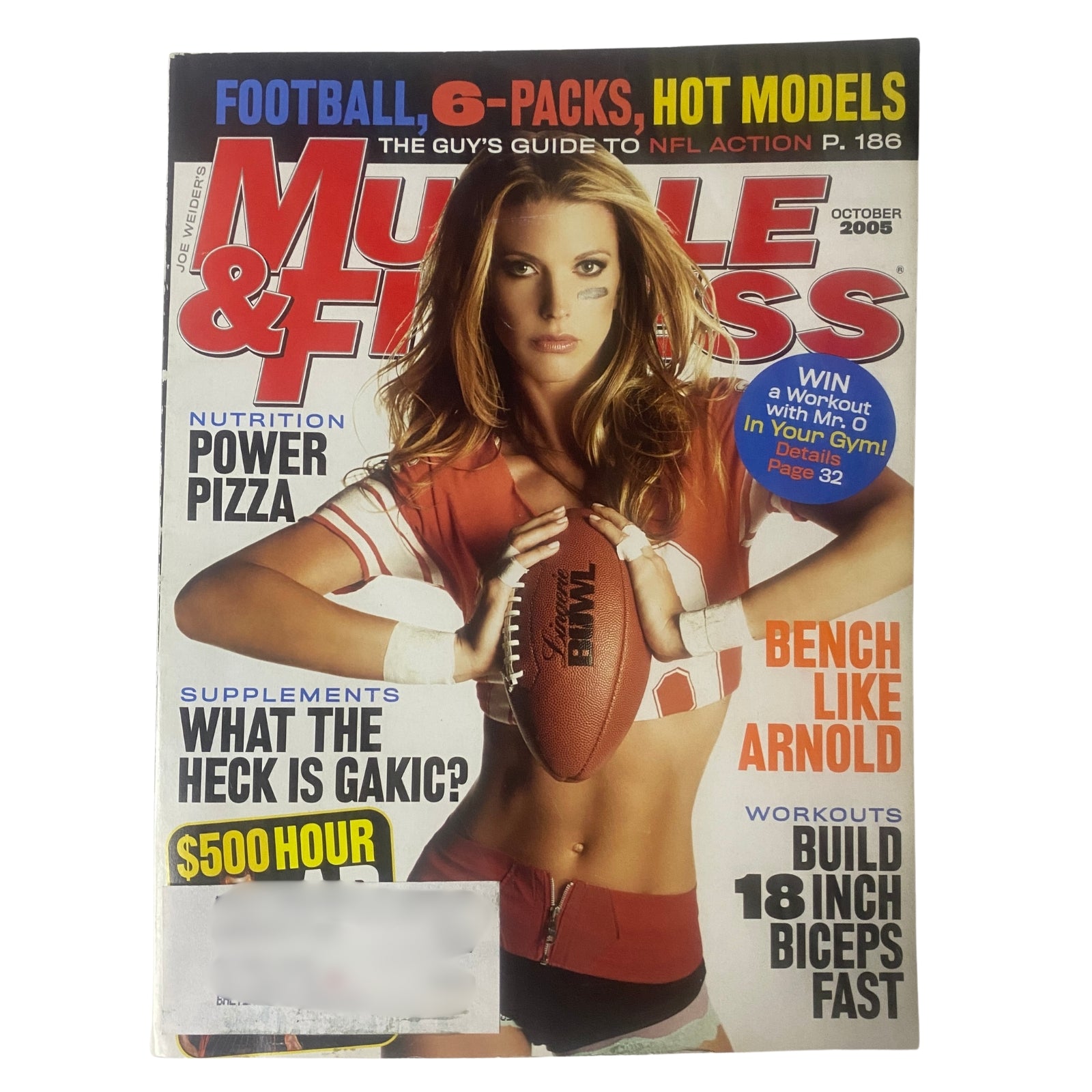 Muscle & Fitness Magazine October 2005 cover featuring Linda Overheu dressed in a football outfit, promoting athleticism and fitness, Volume 66 No. 10.