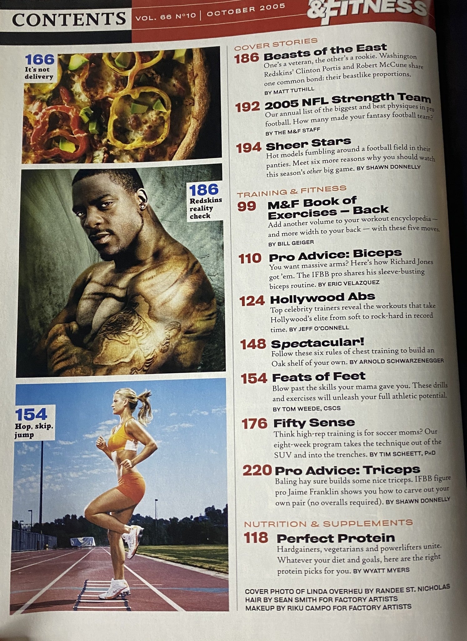 Contents page of Muscle & Fitness Magazine October 2005, detailing articles on NFL strength, workout tips, nutrition advice, and featuring muscular athletes, Volume 66 No. 10.