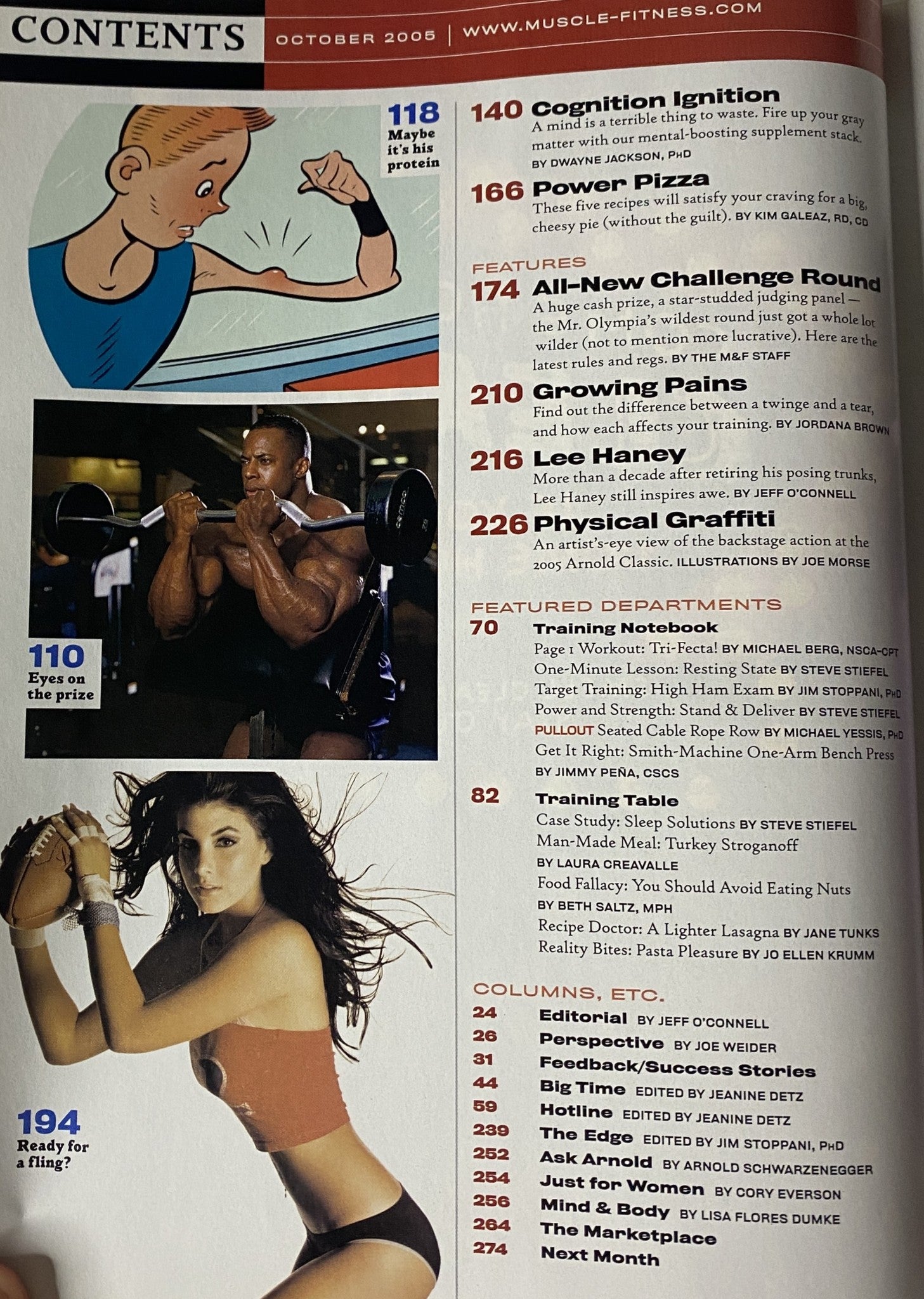 Contents page from Muscle & Fitness Magazine October 2005, Volume 66, No. 10 featuring a mix of fitness articles, training advice, and nutrition tips. Cover story includes details on NFL athletes and bodybuilding insights.