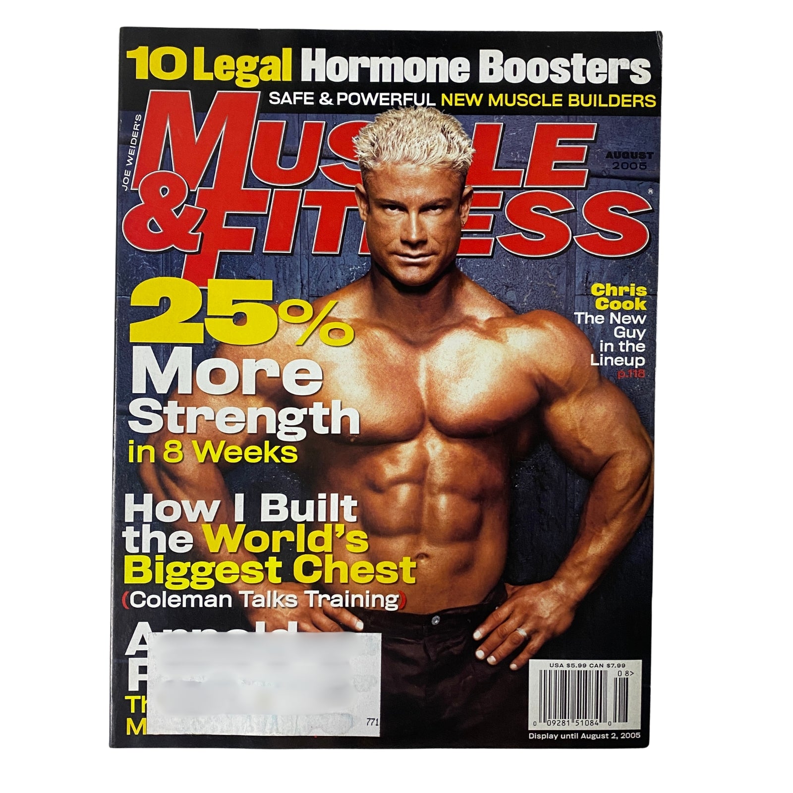 Muscle & Fitness Magazine August 2005 Vol 66 No. 8 featuring Chris Cook on the cover, promoting strength training and muscle building.