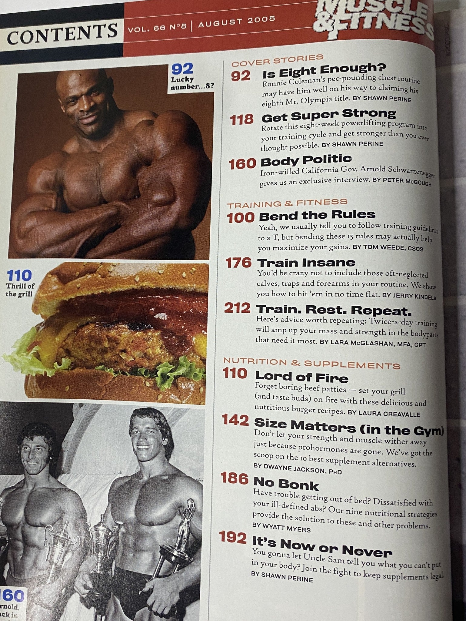 Contents page of Muscle & Fitness Magazine August 2005 Vol 66 No. 8 showcasing articles about Ronnie Coleman, training programs, and nutrition tips.