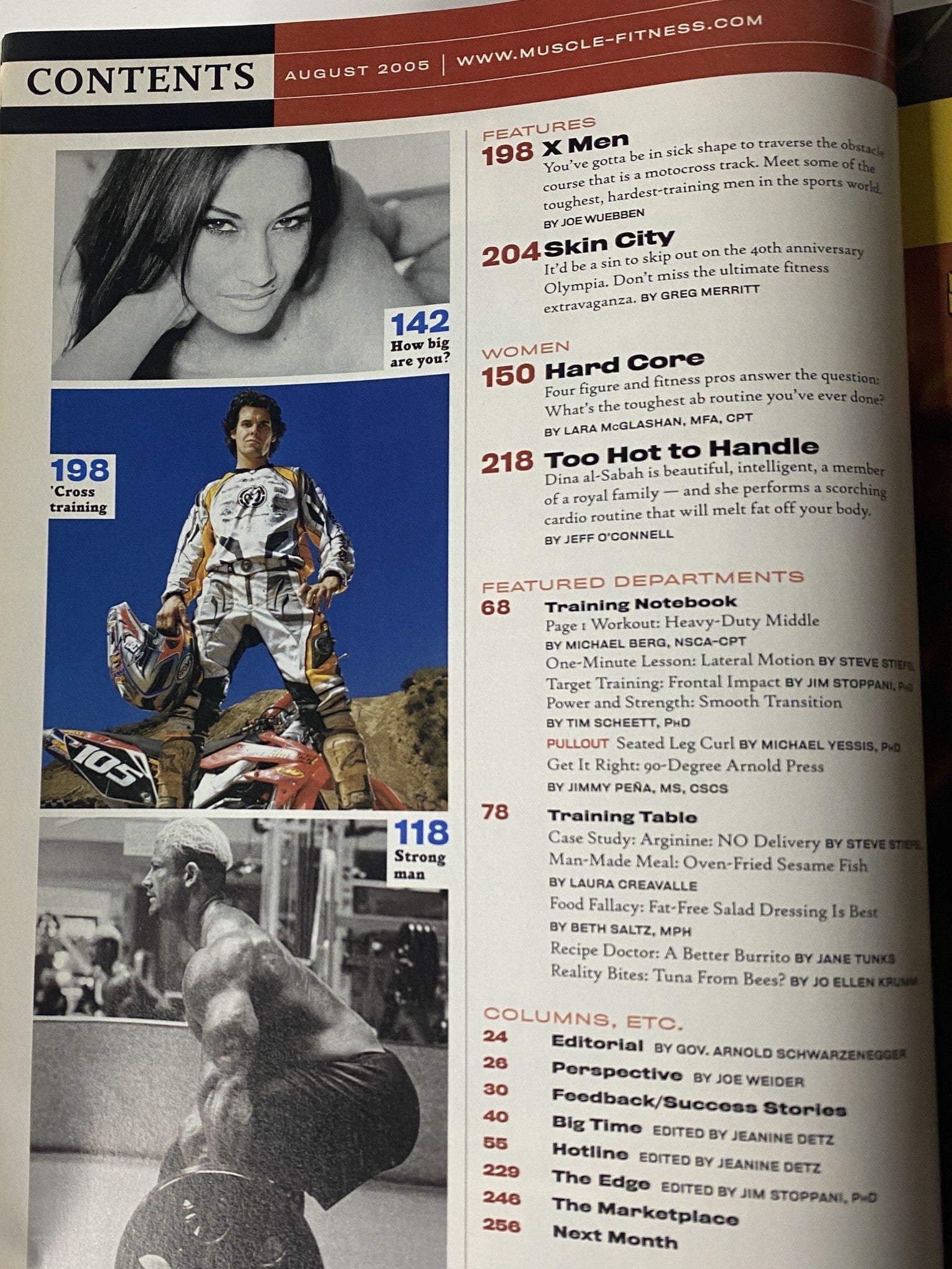 Contents page of Muscle & Fitness Magazine August 2005 Vol 66 No. 8 highlighting features on extreme training, women's fitness, and departmental columns.