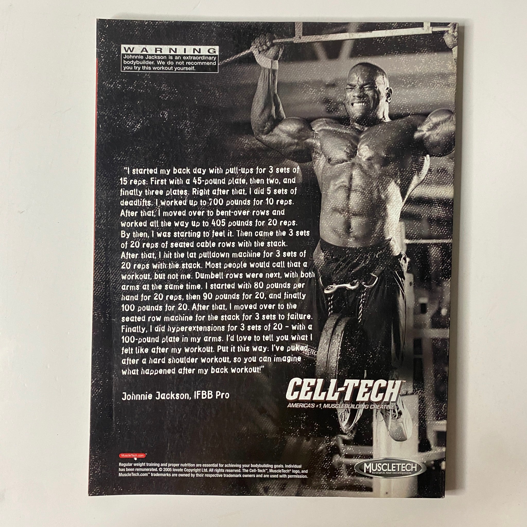 Muscle & Fitness Magazine August 2005 Vol 66 No. 8 featuring a workout image of Johnnie Jackson, IFBB Pro promoting Cell-Tech with a focus on bodybuilding training techniques.
