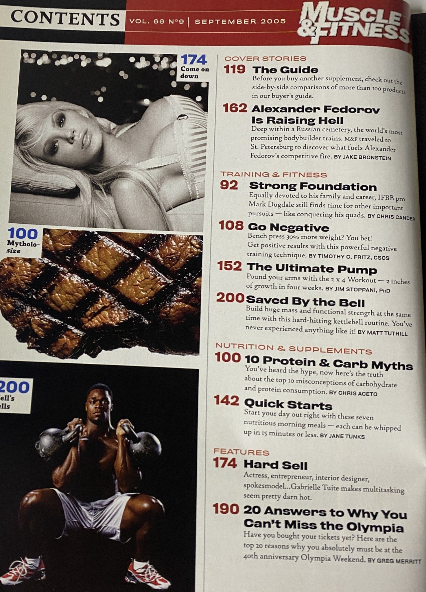 Contents page of Muscle & Fitness Magazine September 2005 outlining featured articles including Alexander Fedorov's cover story and training tips.