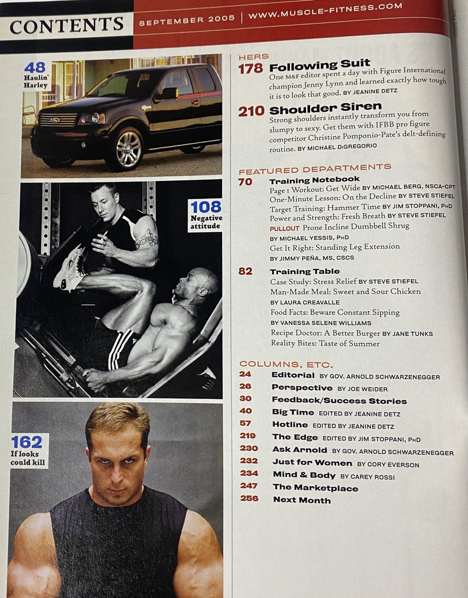 Second contents page of Muscle & Fitness Magazine September 2005 highlighting various fitness departments, workouts, and columns by renowned figures.