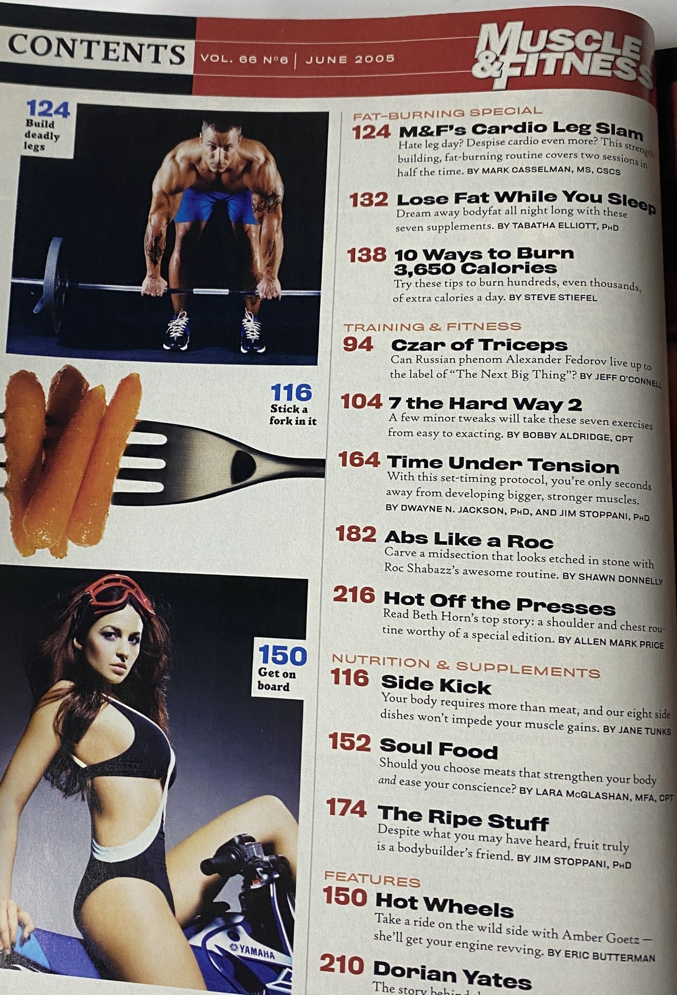 Contents page of Muscle & Fitness Magazine June 2005 Vol 66 No. 6 highlighting articles on fat-burning specials and training techniques.