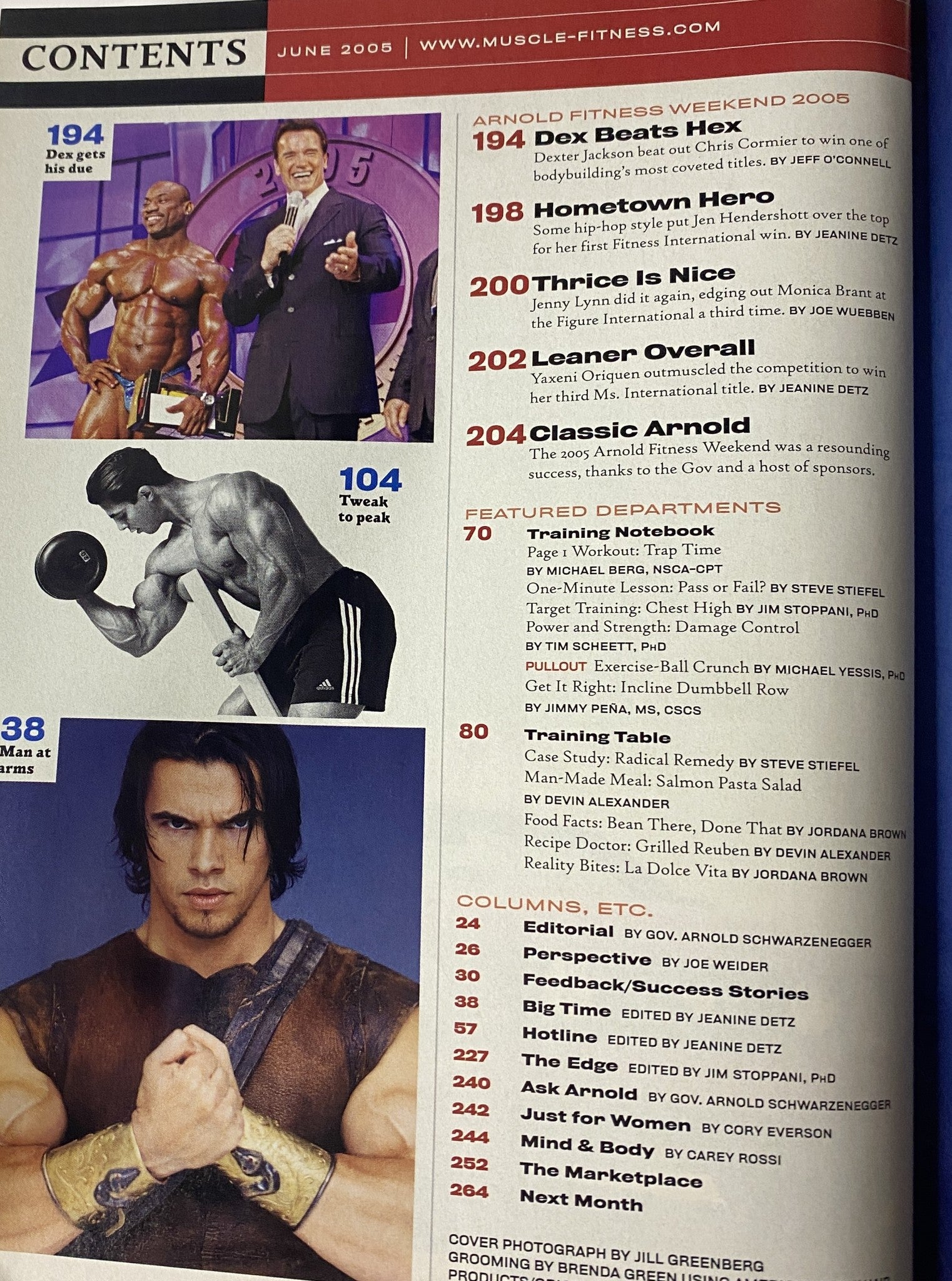 Second contents page of Muscle & Fitness Magazine June 2005 Vol 66 No. 6 featuring Arnold Fitness Weekend coverage and featured departments.