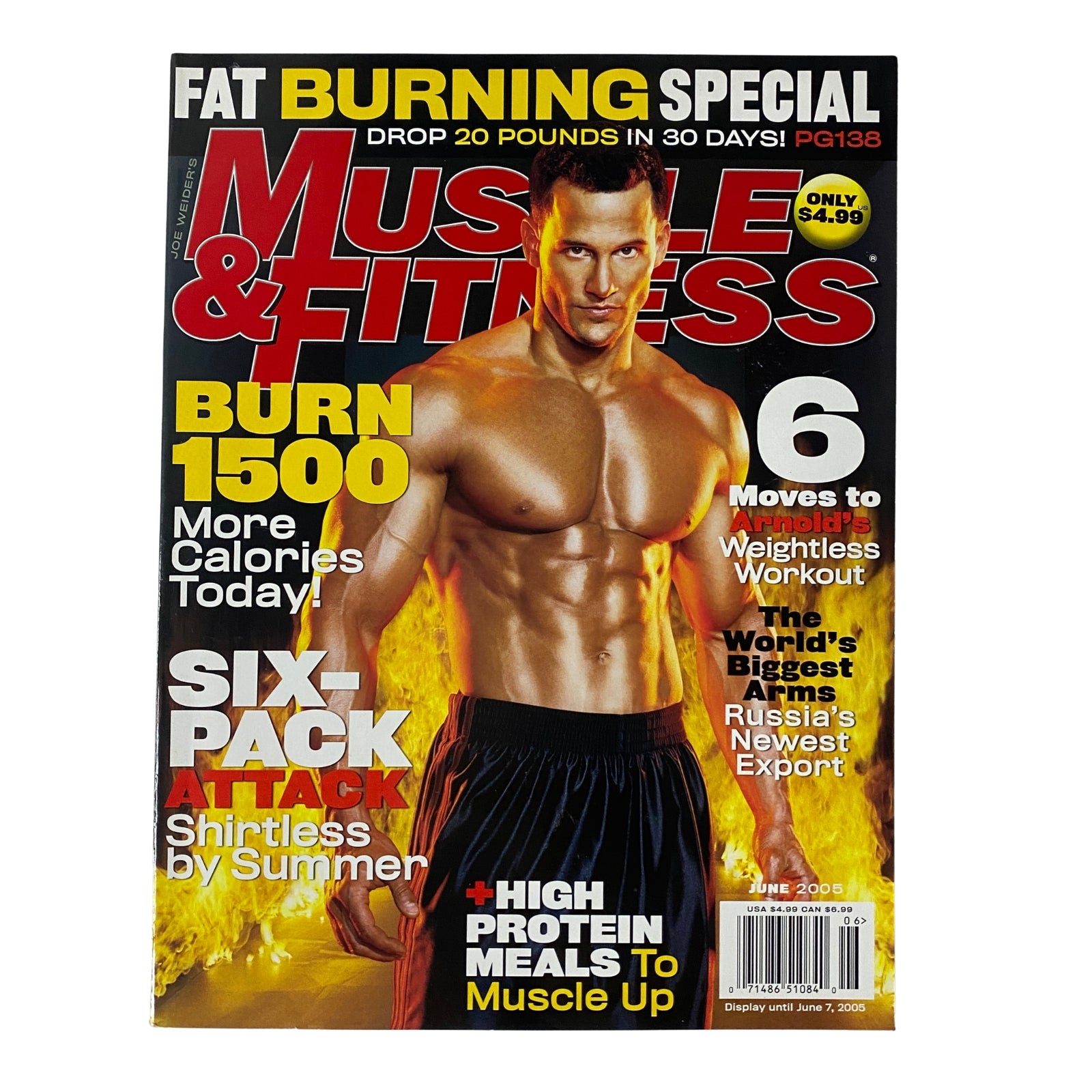 Cover of Muscle & Fitness Magazine, June 2005, featuring Brian Wiefering. Highlights include a fat burning special, tips to burn 1500 calories, and a six-pack attack workout. Cover showcases bodybuilding appeal and fitness advice.