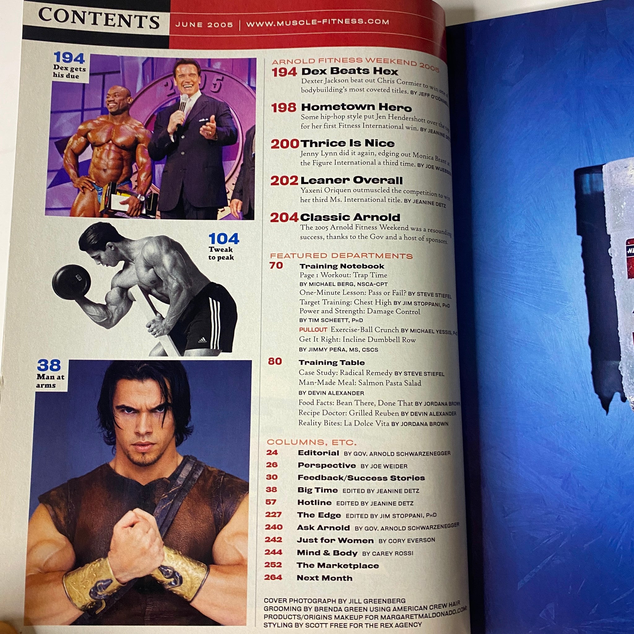 Muscle & Fitness Magazine June 2005 Vol 66 No. 6 featuring the contents page with highlights including 'Dex Beats Hex' and 'Hometown Hero' professional bodybuilding articles, showcasing top athletes and events from the Arnold Fitness Weekend.