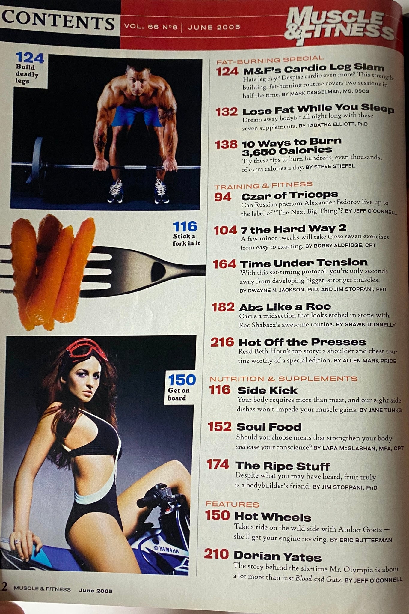 Muscle & Fitness Magazine June 2005 Vol 66 No. 6 displaying the contents page, focusing on fat-burning tips and workouts, featuring articles like 'M&F's Cardio Leg Slam' and '10 Ways to Burn 3,650 Calories'.