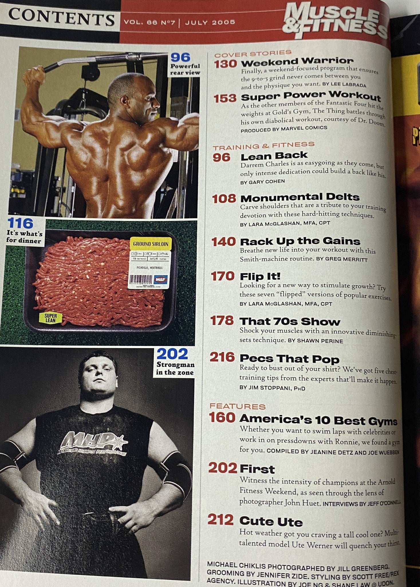 Contents page of Muscle & Fitness Magazine July 2005 Vol 66 No. 7, showcasing articles including 'Weekend Warrior', 'Lean Back', and features on gyms and supplements.