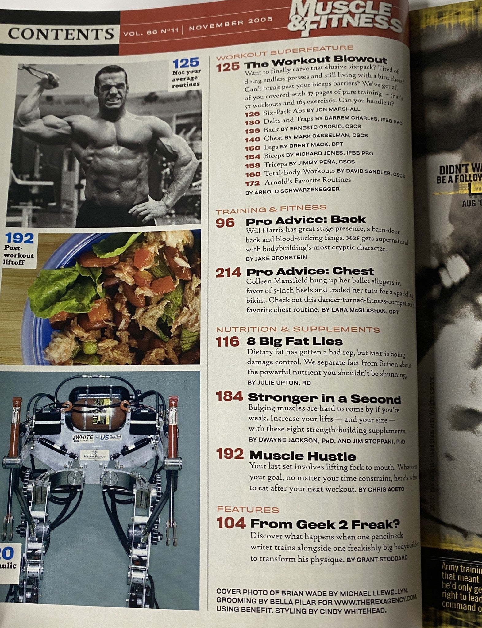 Inside page of Muscle & Fitness Magazine November 2005 Vol 66 No. 11 displaying the contents section, highlighting the Workout Blowout feature and articles on training and nutrition.