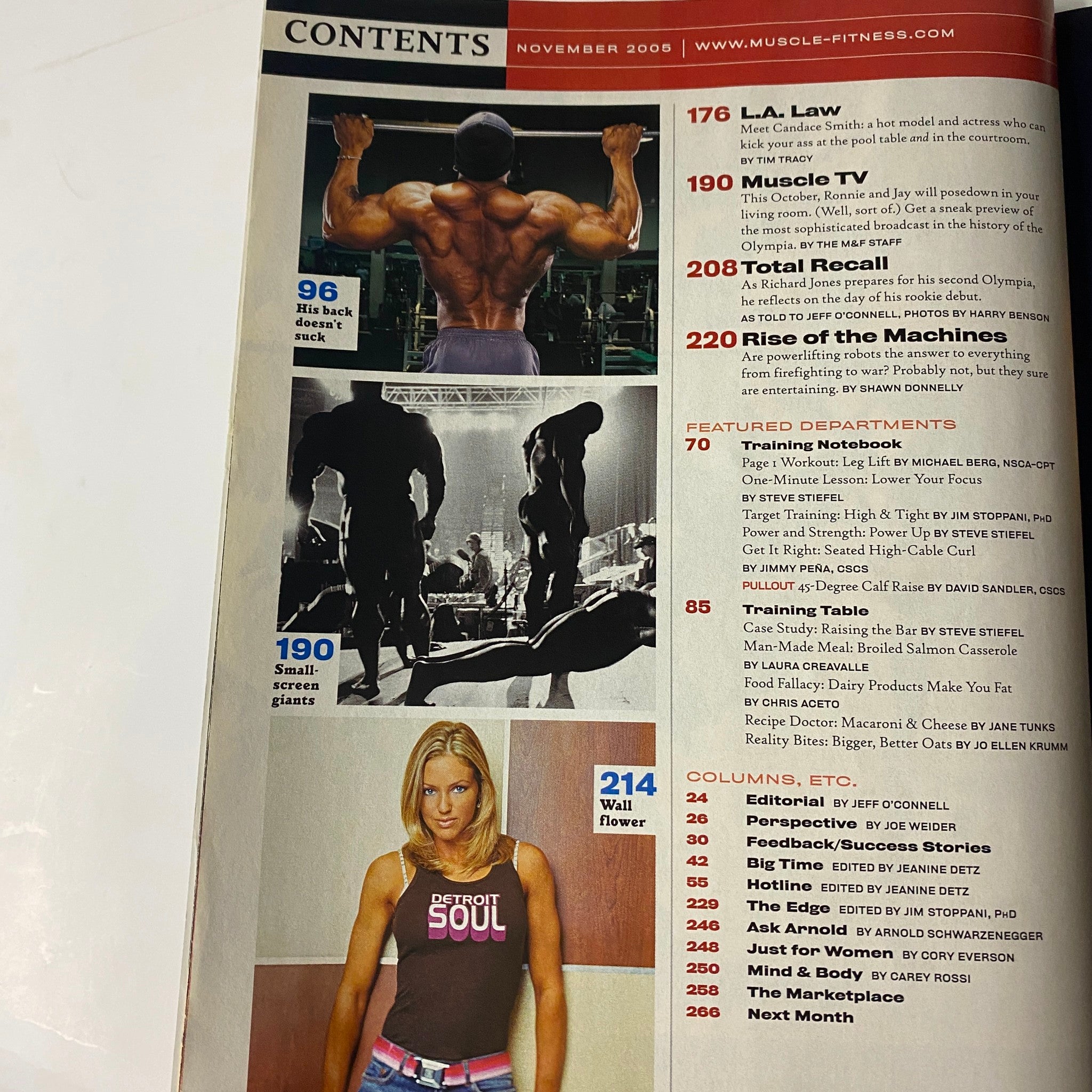 Another contents page of Muscle & Fitness Magazine November 2005 Vol 66 No. 11 featuring sections on training, nutrition, and featured departments with visuals related to fitness.