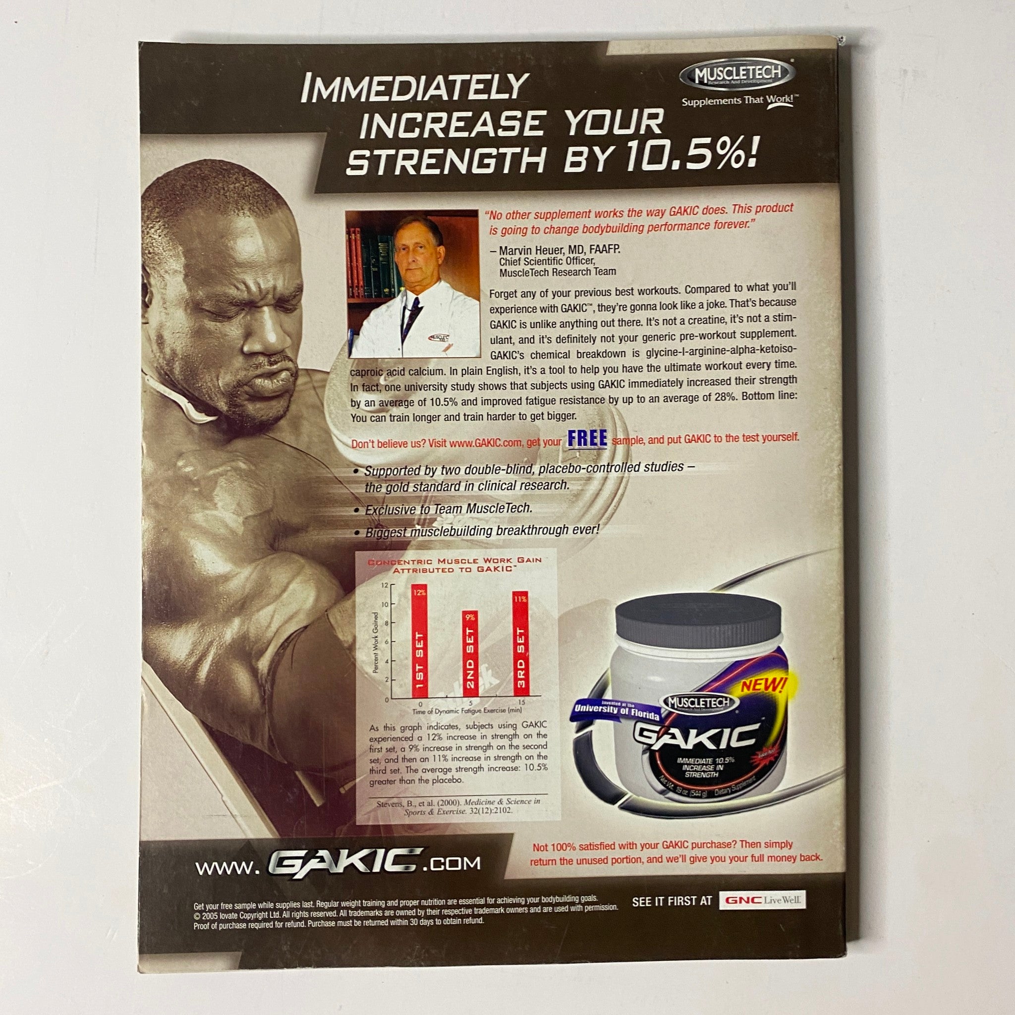 Muscle & Fitness Magazine November 2005 Vol 66 No. 11 Brian Wade Cover featuring advertisement for muscle supplement GAIC with statements on increasing strength.