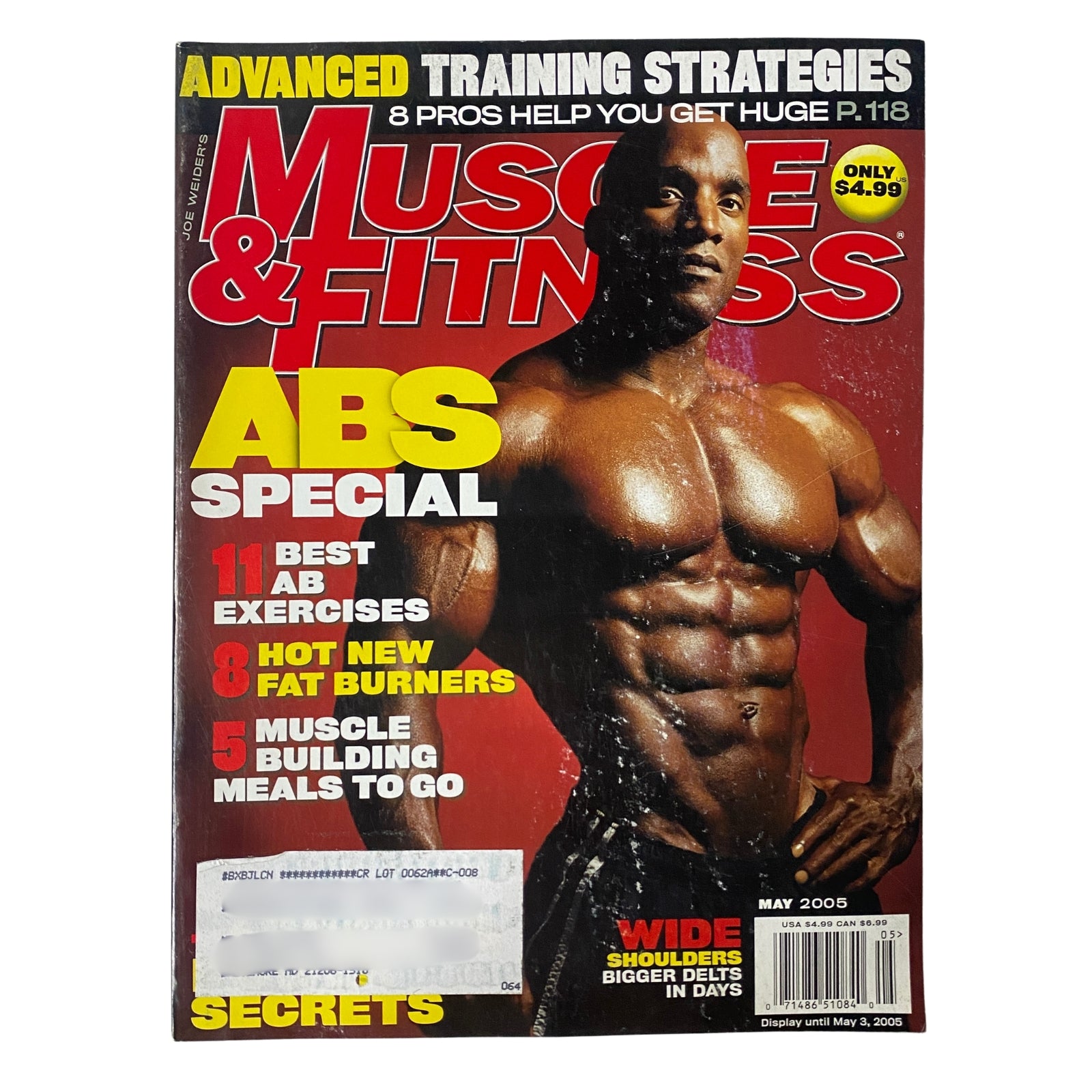 Muscle & Fitness Magazine cover from May 2005, featuring the title 'ABS SPECIAL' with a muscular man showcasing his abs. Highlights include training strategies and nutrition advice.