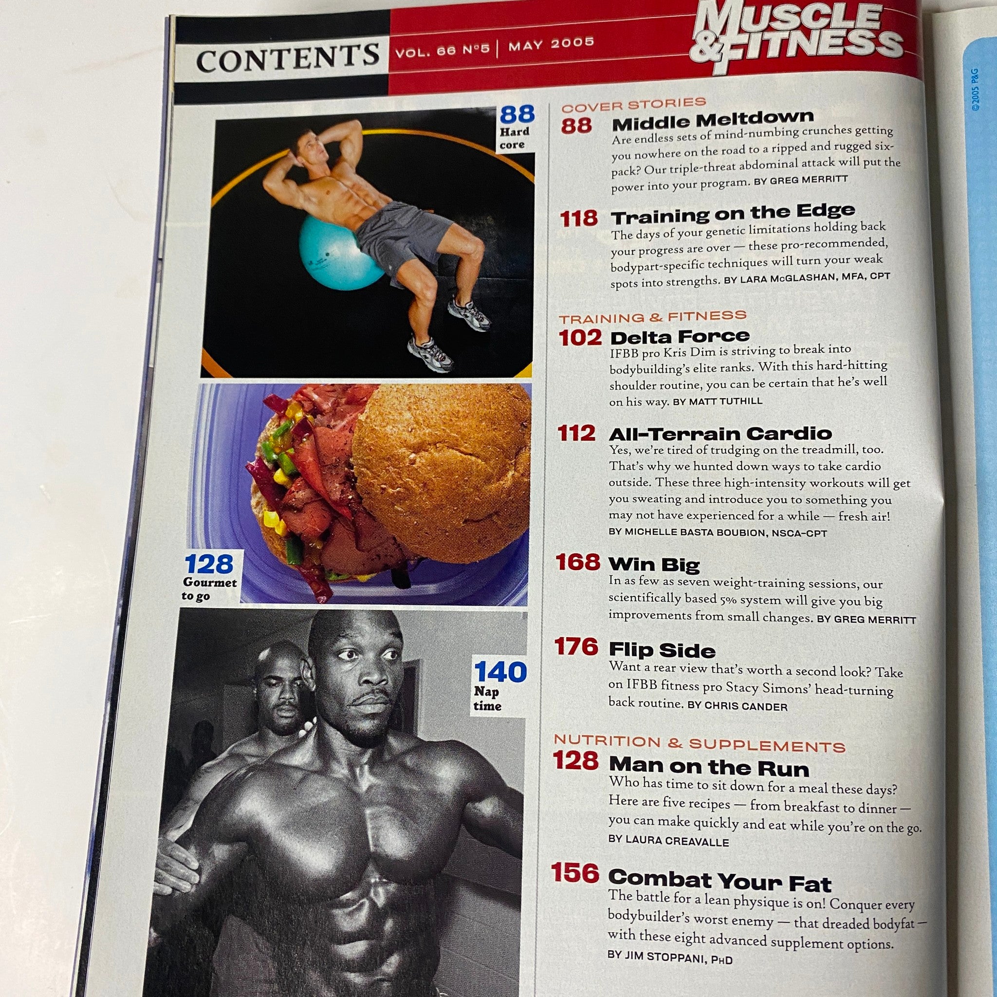 Contents page of Muscle & Fitness Magazine May 2005, detailing features like 'Middle Meltdown', 'Training on the Edge', and 'Delta Force', emphasizing abdominal training and nutrition.