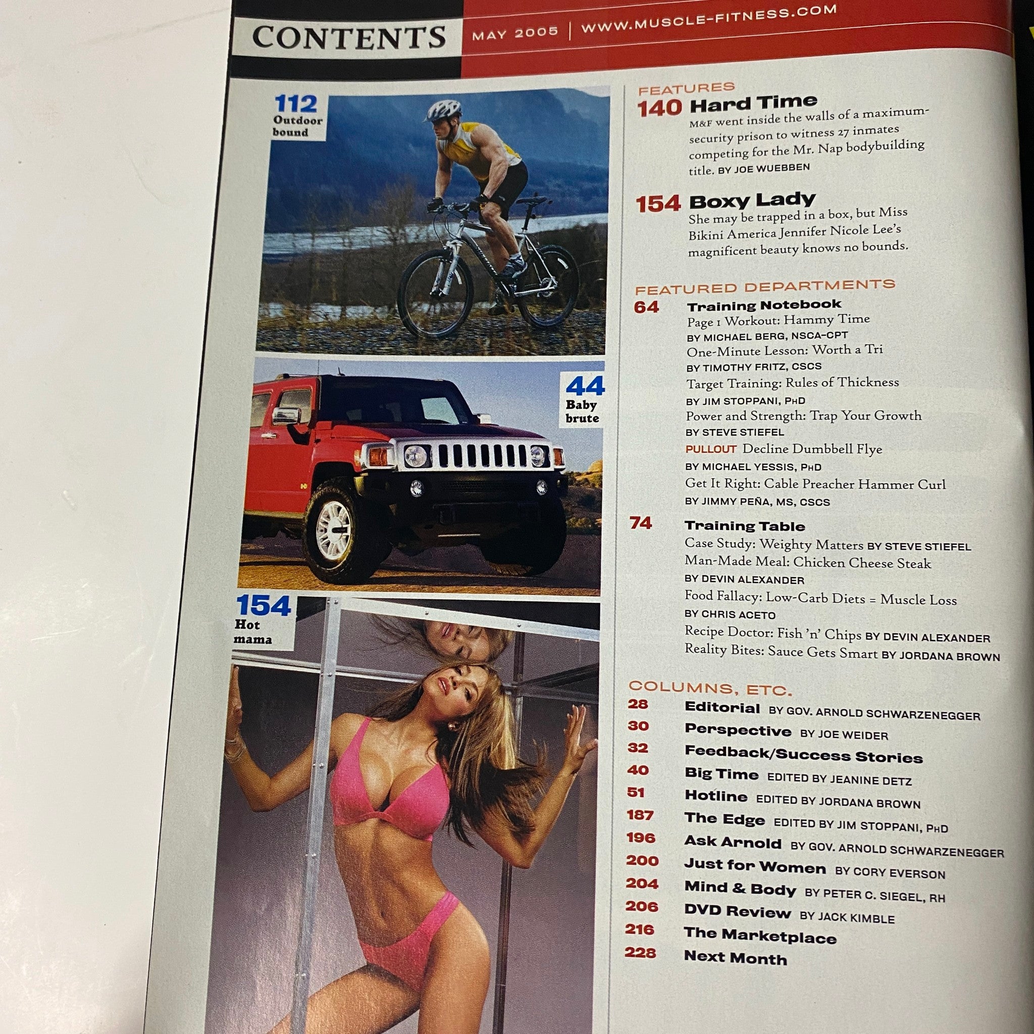 Contents page of Muscle & Fitness Magazine May 2005, illustrating features such as 'Hard Time', 'Boxy Lady', and various training sections, including personal insights and bodybuilding tips.