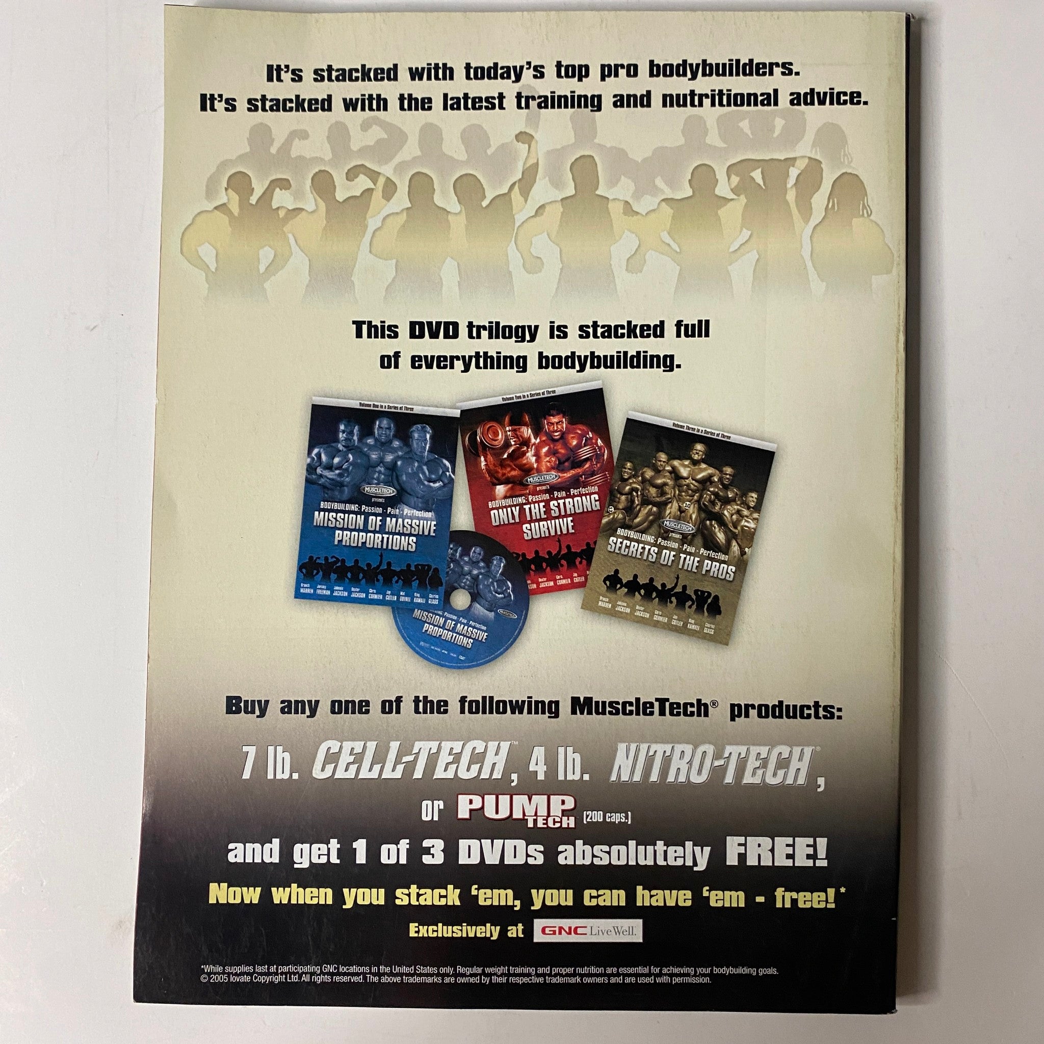 Promotional back page of Muscle & Fitness Magazine May 2005 showcasing a DVD trilogy related to bodybuilding, emphasizing top pro bodybuilders and nutritional advice.