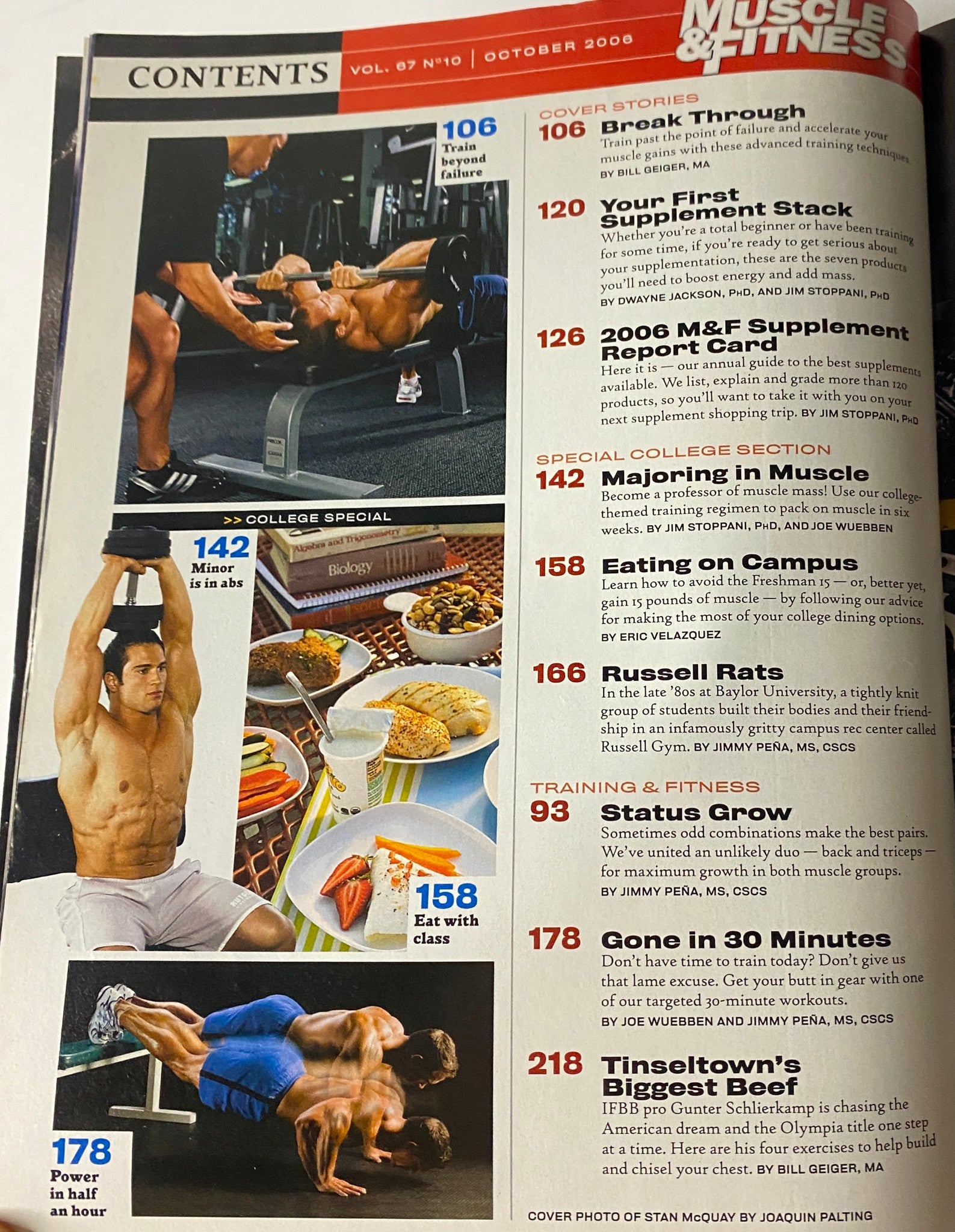 Table of contents from Muscle & Fitness Magazine October 2006, including articles on training techniques, nutrition, and college fitness tips.