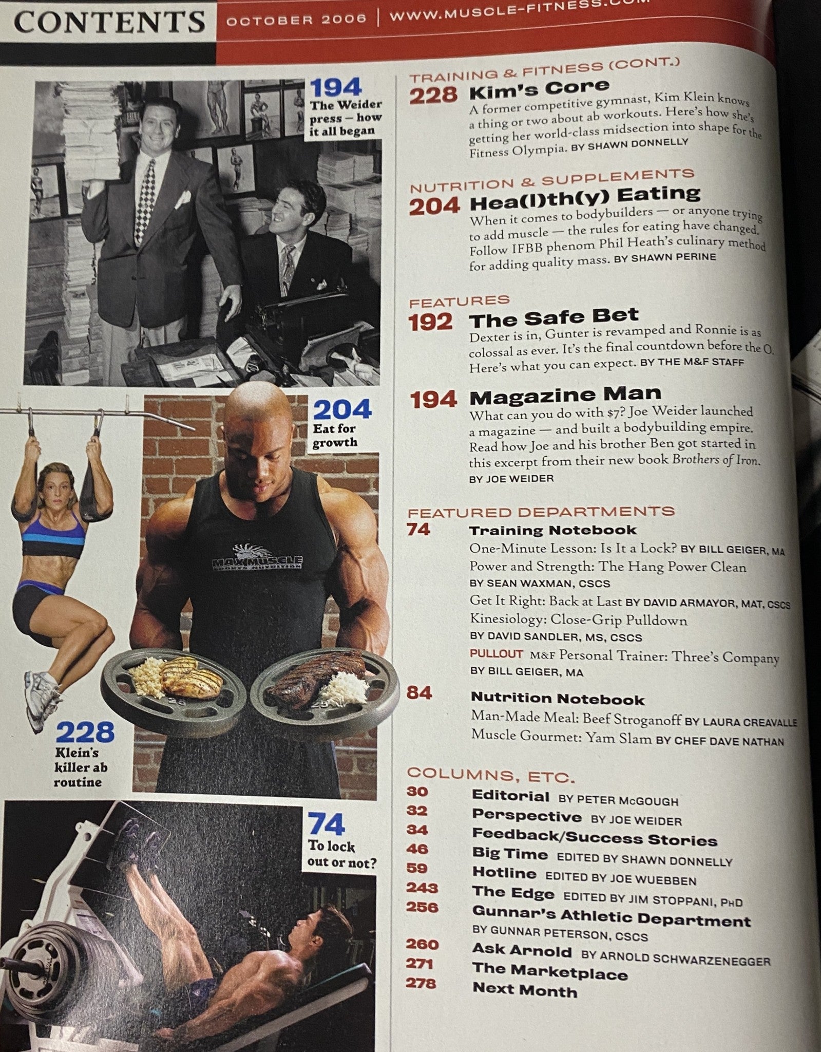 Training and nutrition content overview from Muscle & Fitness Magazine October 2006, highlighting various fitness articles and expert advice.