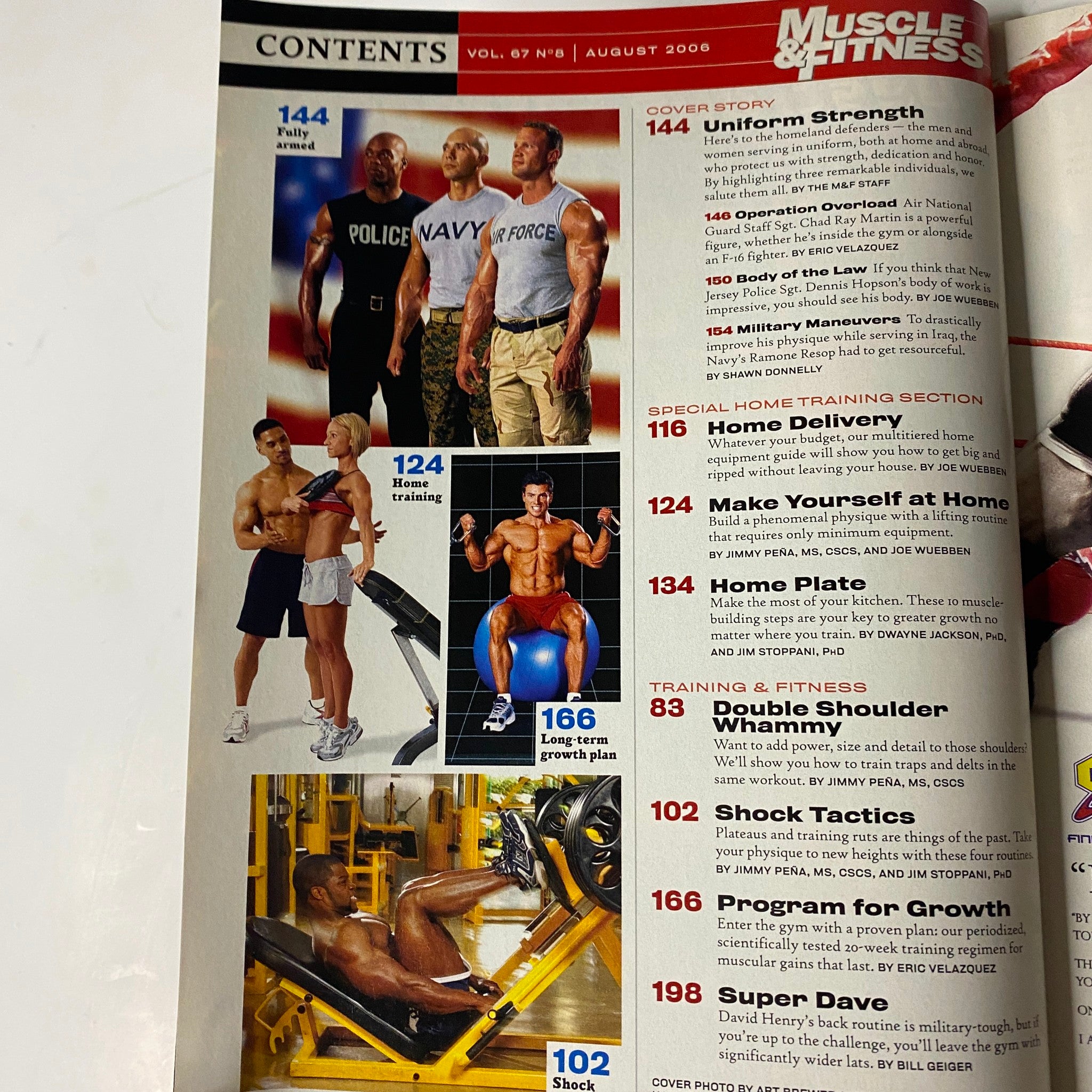 Contents page of Muscle & Fitness Magazine August 2006 Vol 67 No 8 showcasing 'Uniform Strength' cover story and featuring profiles of military and law enforcement professionals committed to fitness.