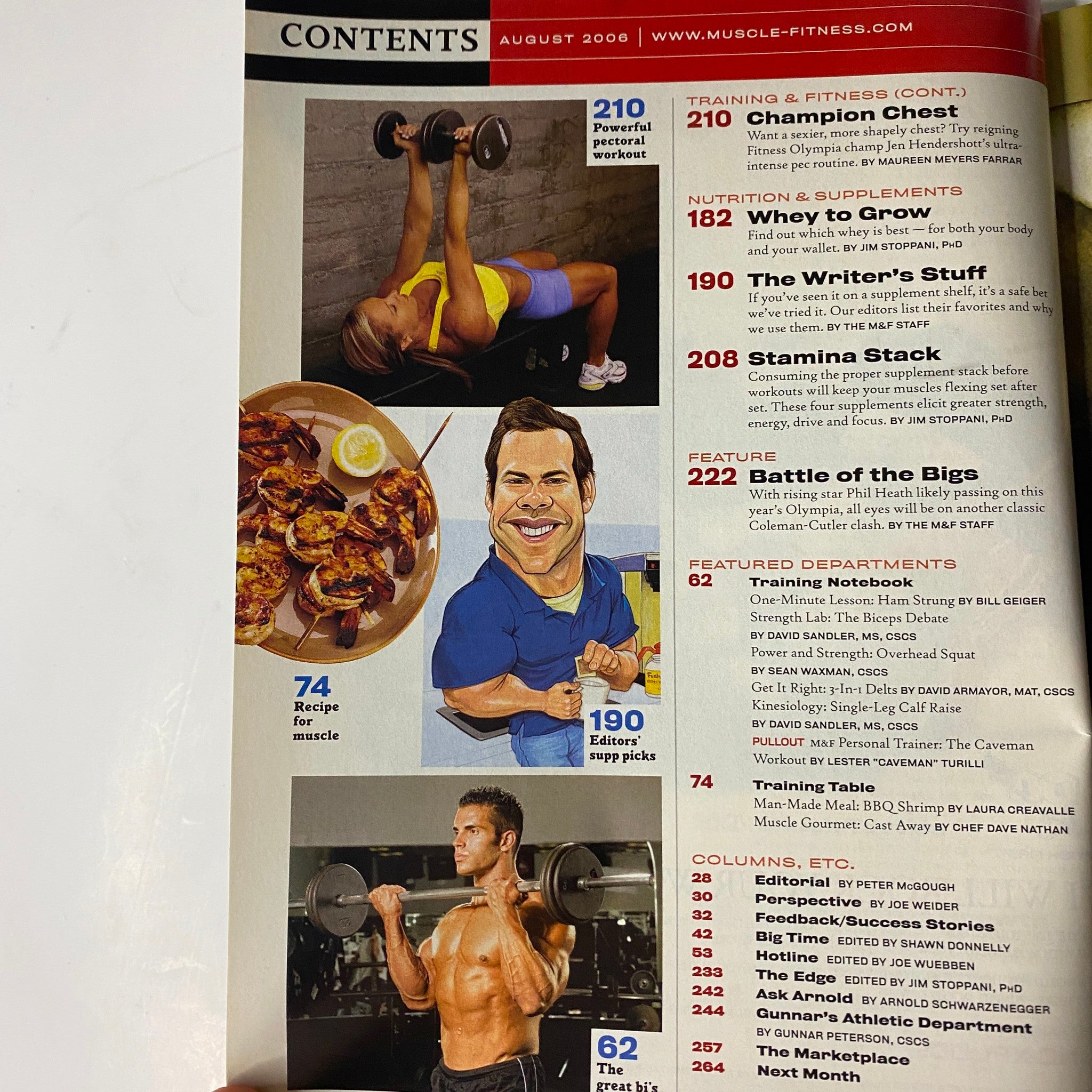 Contents page of Muscle & Fitness Magazine August 2006 Vol 67 No 8 highlighting training advice with visuals of a woman lifting weights and an illustration of a supplement guide.