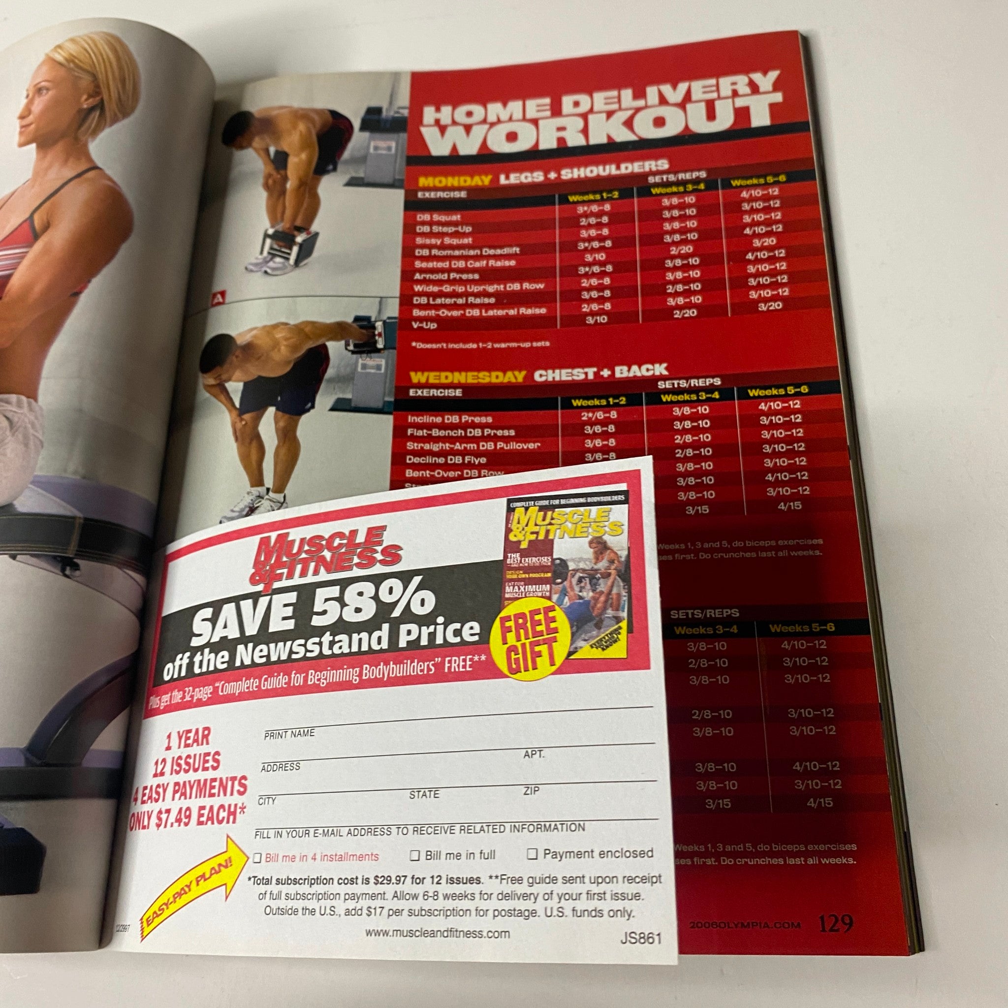 Page from Muscle & Fitness Magazine August 2006 Vol 67 No 8 detailing home workout regimen with a workout chart and promotional materials for subscription offers.