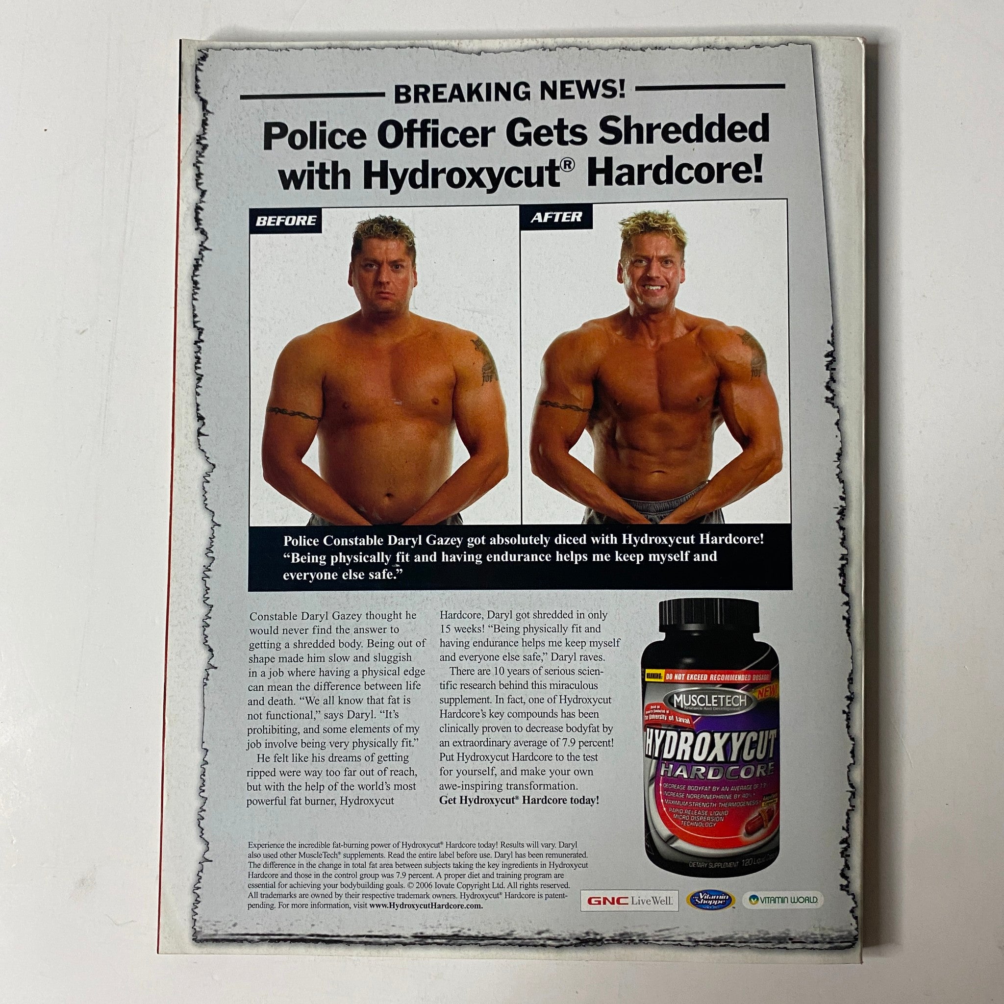Back cover of Muscle & Fitness Magazine August 2006 Vol 67 No 8 featuring a transformation story of Police Officer Daryl Guzy, showcasing the results achieved with Hydroxycut Hardcore.