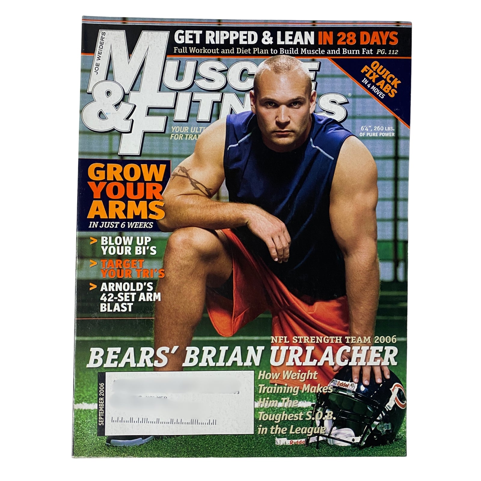 Cover of Muscle & Fitness Magazine, September 2006, Vol 67 No 9 featuring Brian Urlacher. The magazine emphasizes arm training and NFL strength, with a focus on workouts and nutrition tips for athletes.