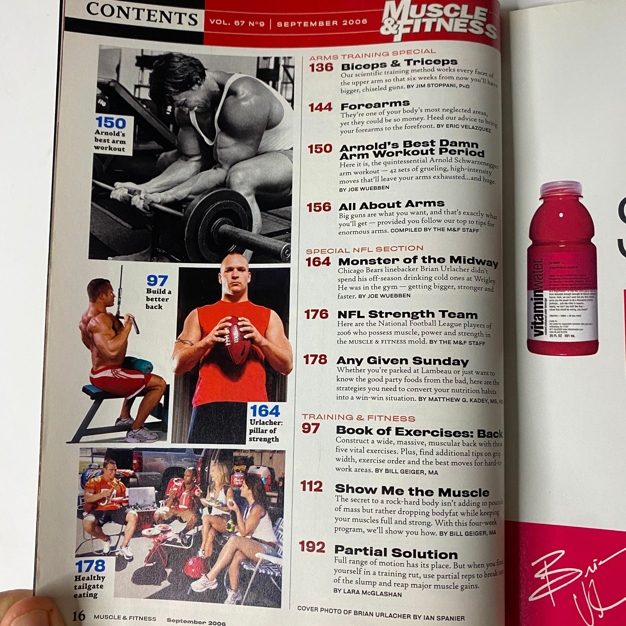 Muscle & Fitness Magazine September 2006 with a collage of fitness activities, including images of strength training, nutrition, and workout tips, focusing on building stronger arms and overall fitness.