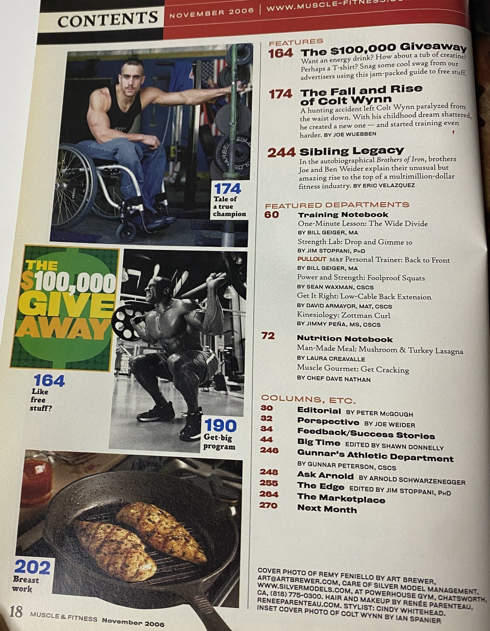 Contents page from Muscle & Fitness Magazine November 2006 featuring Remy Feniello and Colt Wynn with highlights including 'The $100,000 Giveaway' and 'Siblings Legacy'.